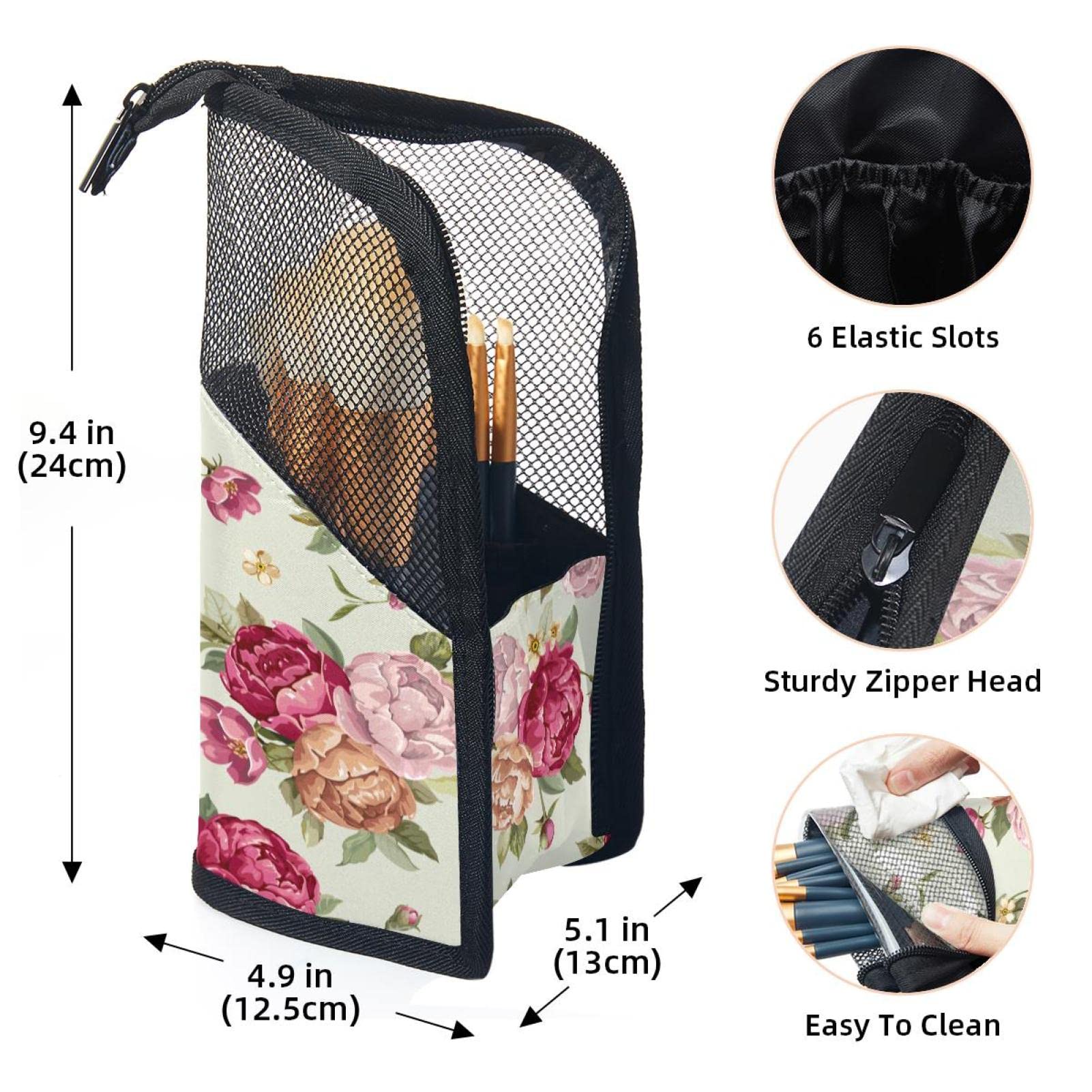 Floral Rose Makeup Brush Organizer Bag with 12 Brushes - Portable Waterproof Cosmetic Brush Holder Case for Travel, Home & Professional Makeup Artists