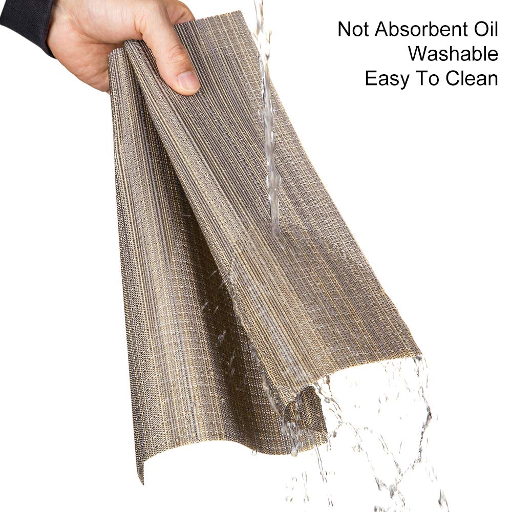 Myir JUN Set of 8 Washable Non-Slip Heatproof Woven Placemats - Golden Silver PVC Table Mats for Dining Room, Kitchen, and Indoor Use - Durable Fabric Placemats for Everyday Meals and Special Occasions