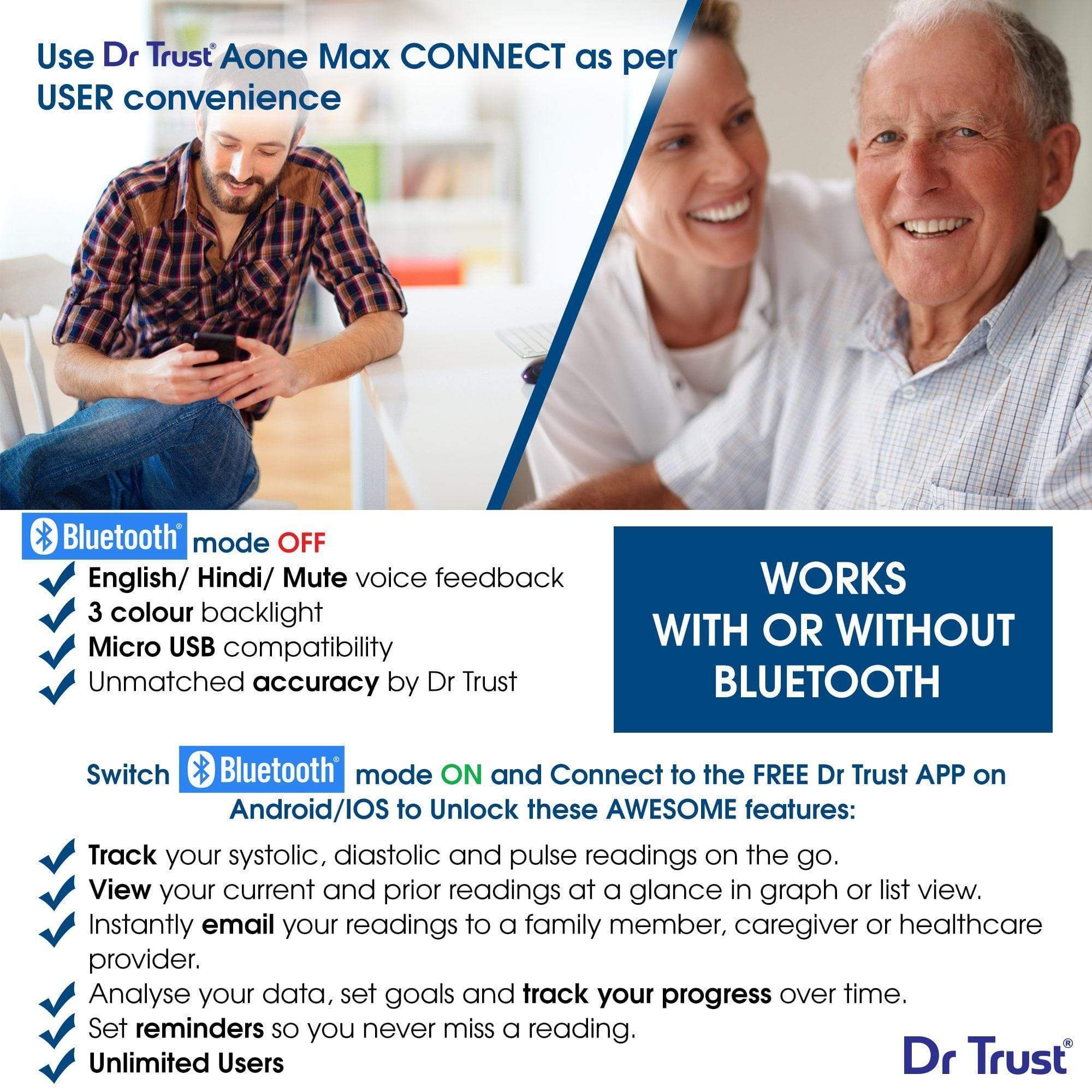 Dr Trust USA A One Max Connect Bluetooth Blood Pressure Monitor - Accurate Digital BP Machine with Smartphone App - Ideal for Home Health Monitoring & Heart Care