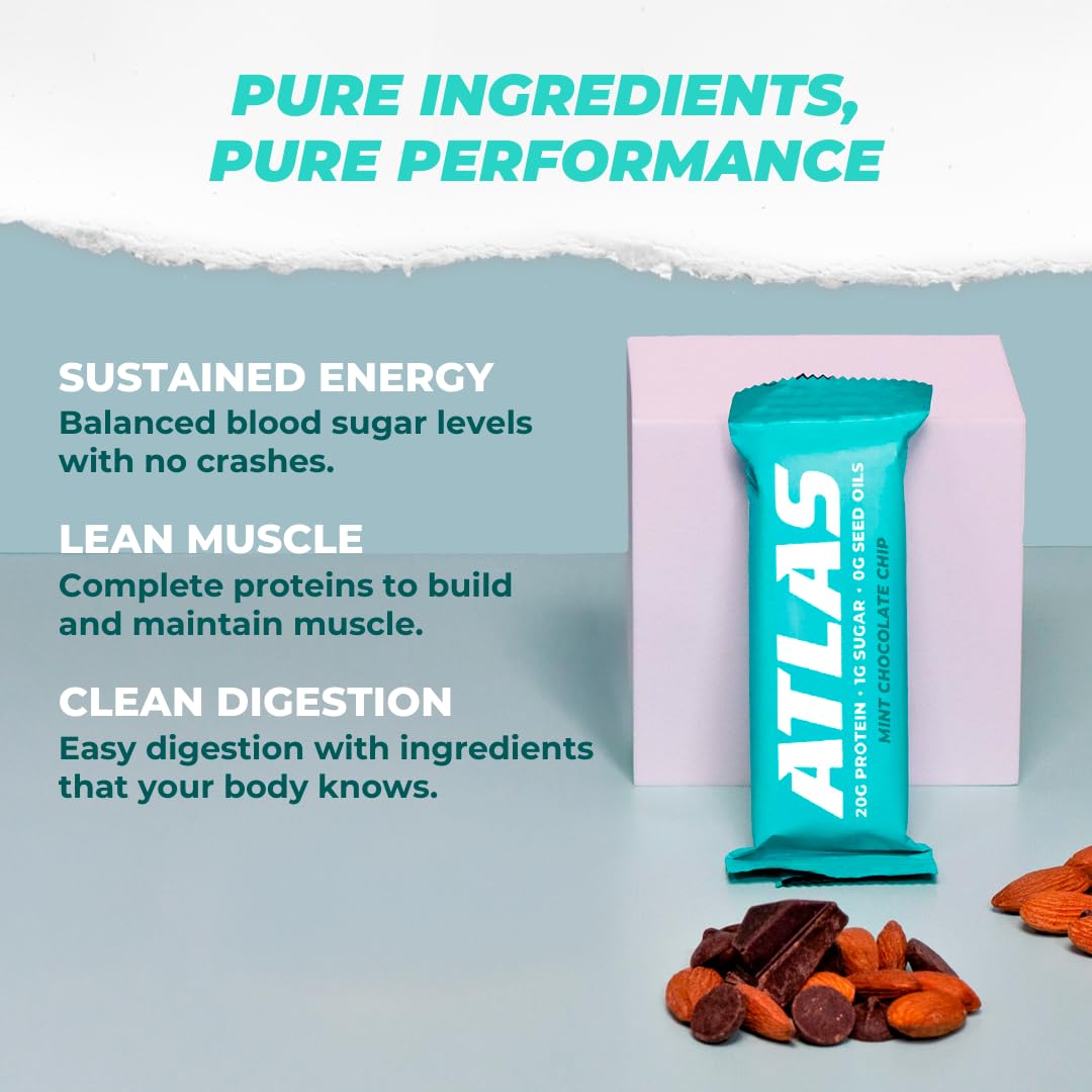Atlas Protein Bar - 20g Protein, 1g Sugar, Gluten Free, Clean Ingredients - Mint Chocolate Chip Flavor (12 Bars, Pack of 2) - Perfect for Post-Workout Recovery, Healthy Snacking & On-the-Go Nutrition