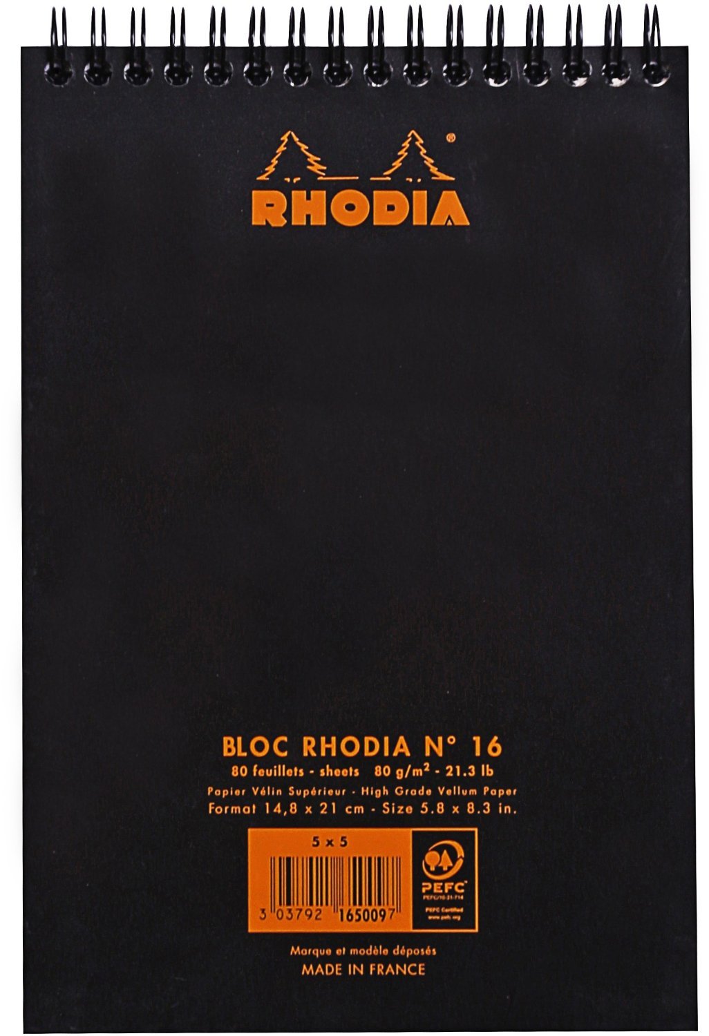 Rhodia Wirebound Black Graph Notepads - 6 x 8.25 Inches, Pack of 5 | Premium Grid Paper for Office, School & Sketching | Perfect for Journaling, Note-Taking & Creative Projects