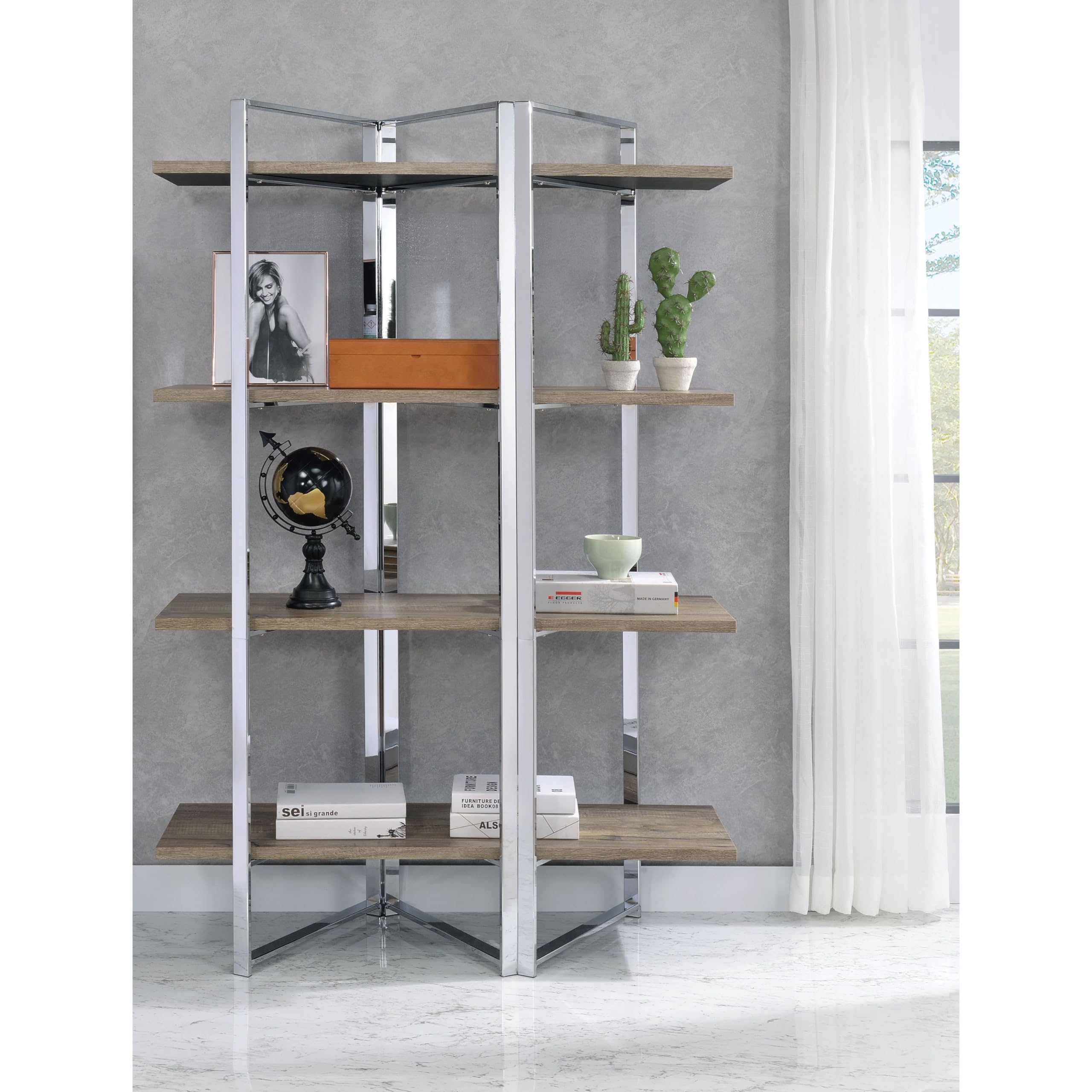 Benjara Geometric Metal Framed Bookshelf with 4 Open Wooden Shelves - Brown & Silver Modern Bookcase for Living Room, Office, Bedroom - Stylish Storage Solution for Books, Decor & Display Items