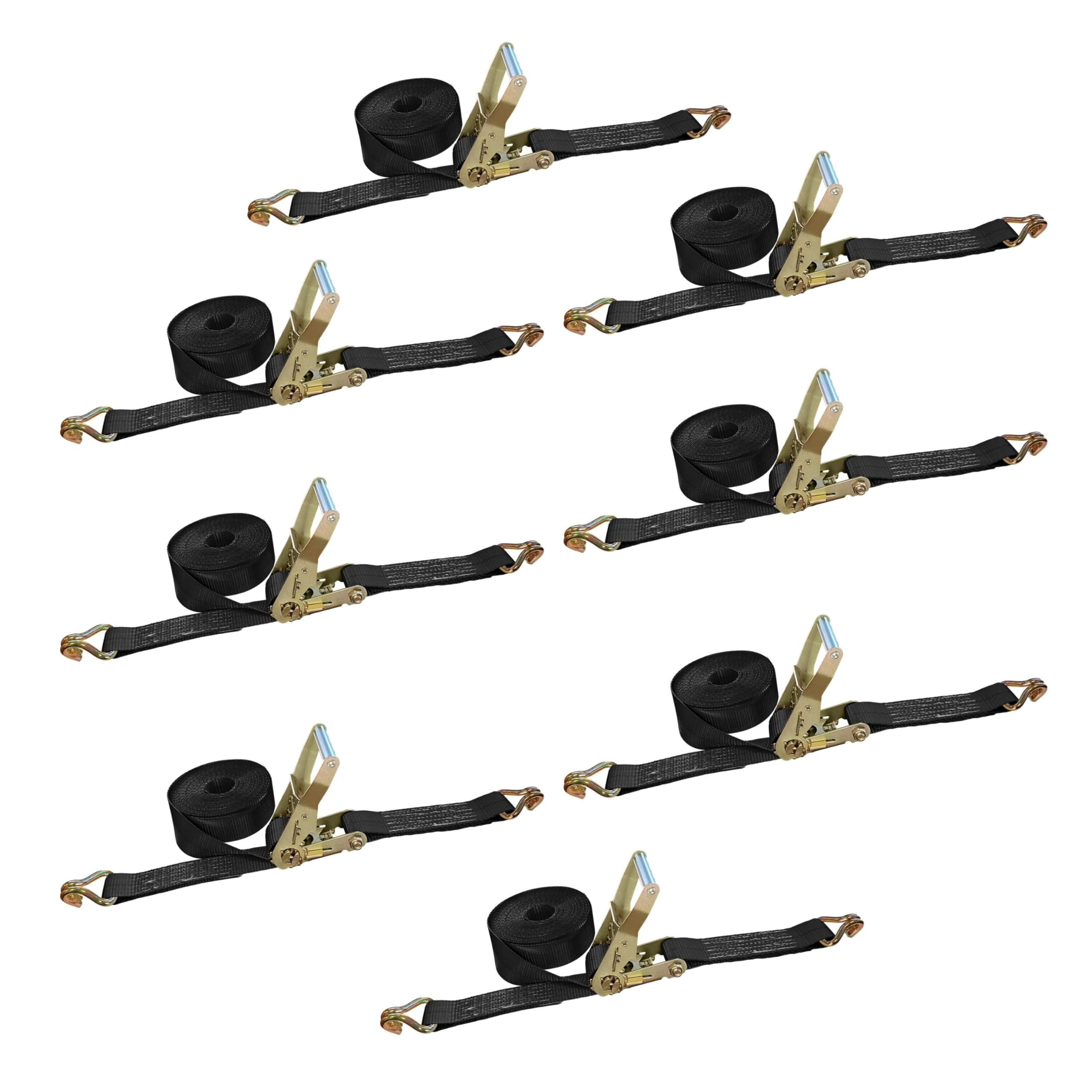 Heavy Duty J Hook Ratchet Straps (8-Pack) - 2 Inch x 30 Foot, 10,000 lbs Break Strength - Secure Tie Down Straps for Flatbed Trailers, Trucks & Cargo - Perfect for Transporting Furniture, Motorcycles & Construction Equipment