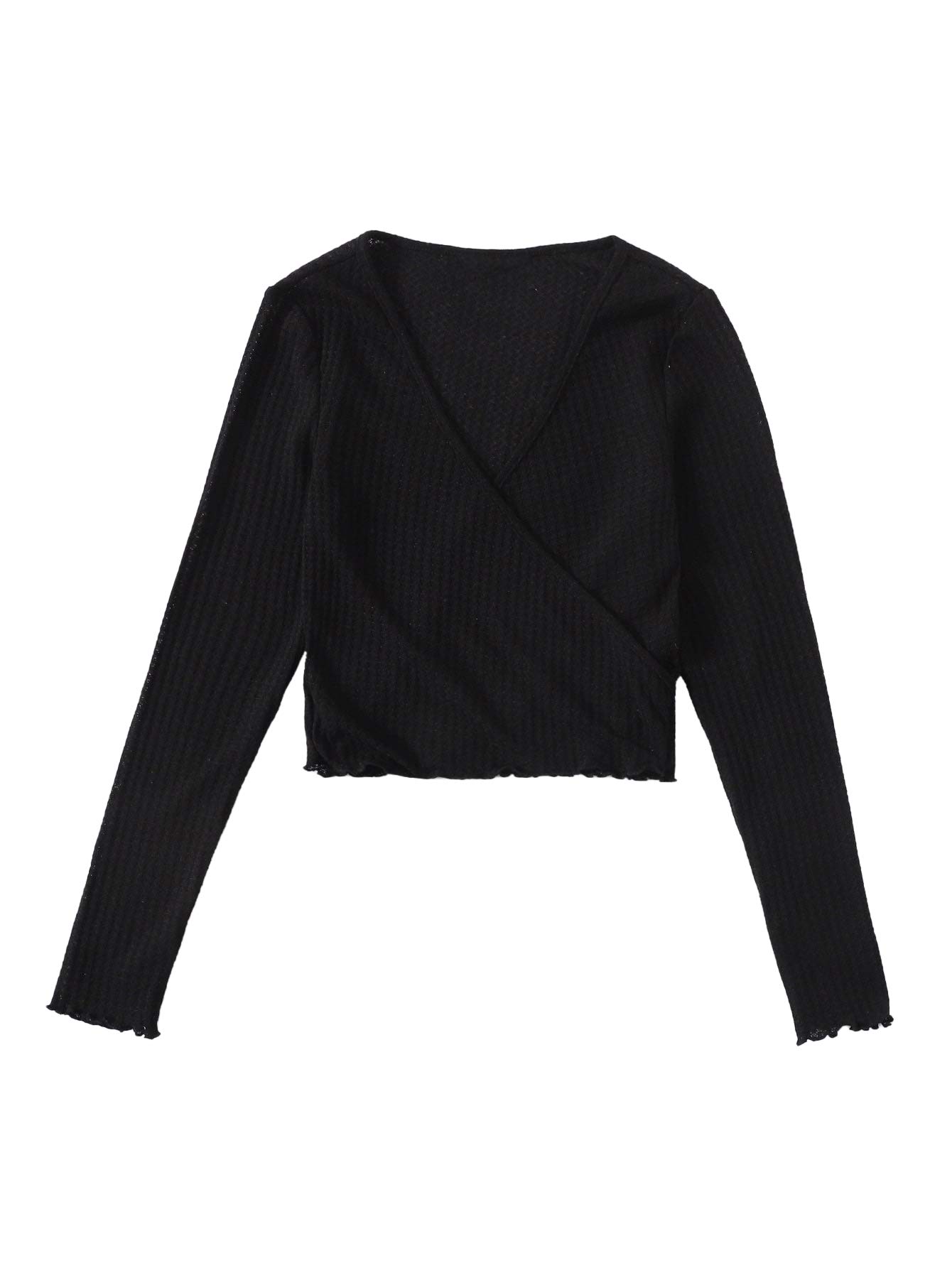 Romwe Women's Casual Long Sleeve Waffle Knit Wrap V-Neck Crop Top Blouse - Stylish Fall Layering Piece for Work, Date Night & Coffee Outings