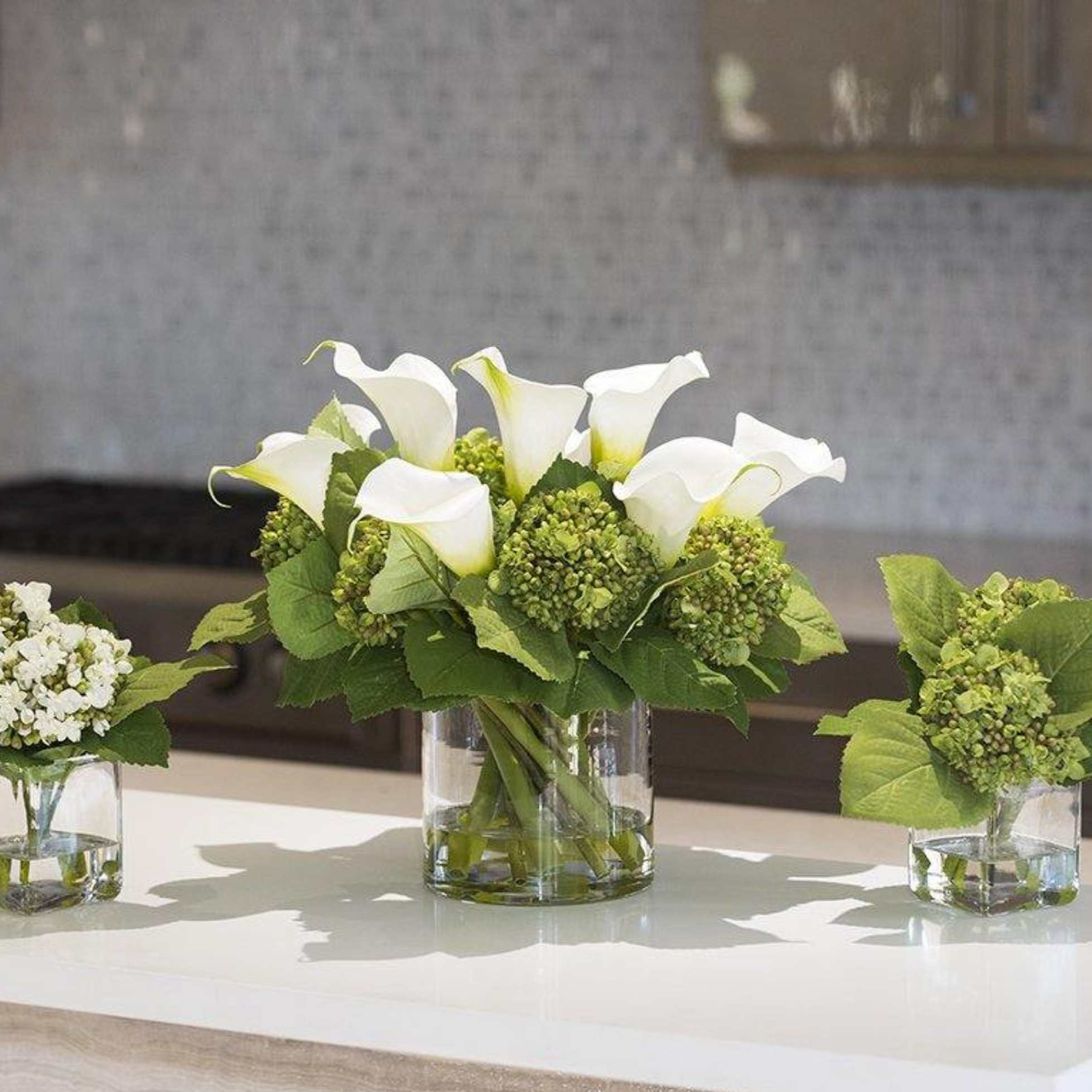 Elegant White Calla Lily & Hydrangea Floral Arrangement in Clear Glass Cylinder Vase - Perfect for Weddings, Home Decor & Centerpieces