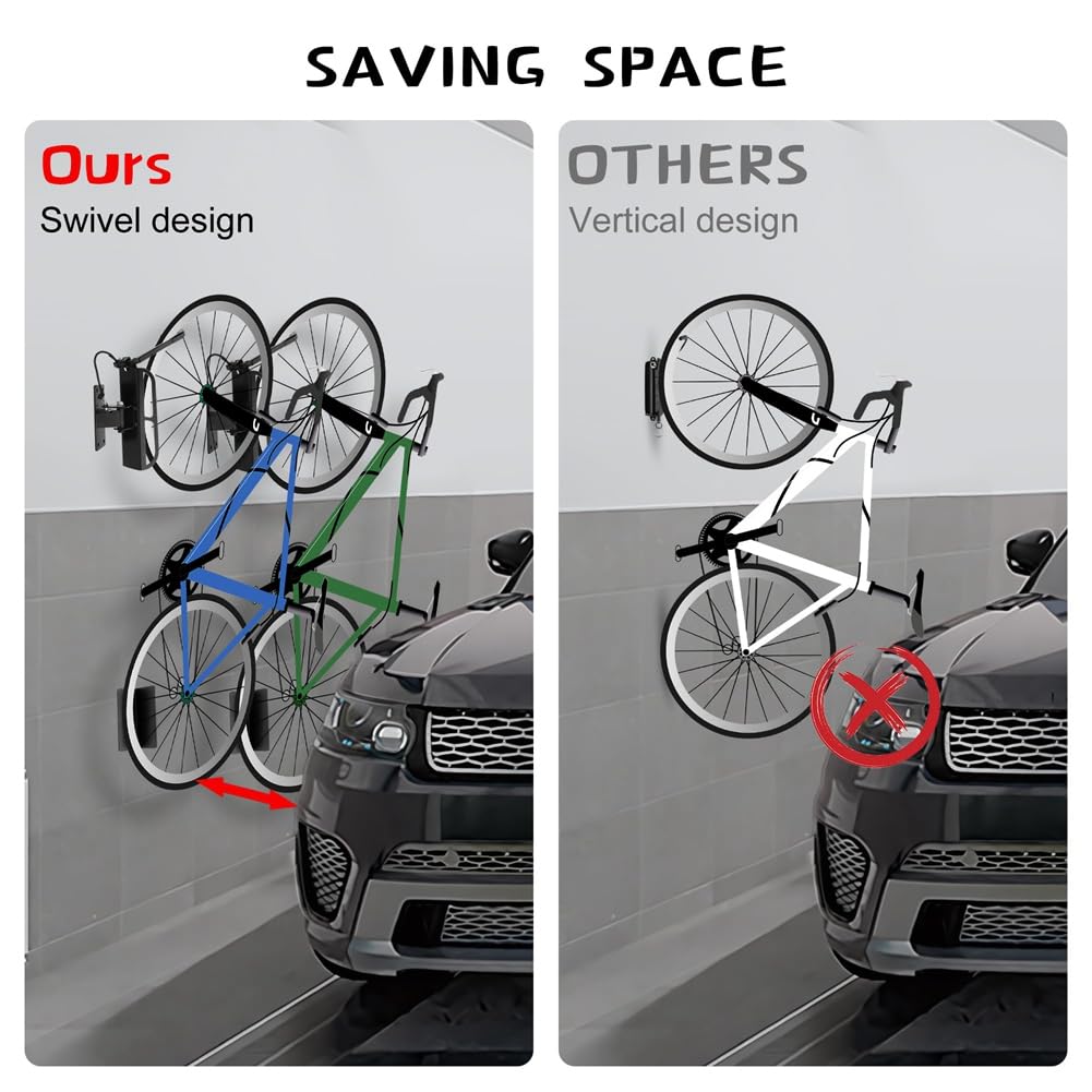 Firstrays 1 Pack Swivel Bike Wall Mount Rack - Vertical Bike Storage with Tire Tray & Hook for Garage - Perfect for Garage, Shed, or Apartment Bike Organization