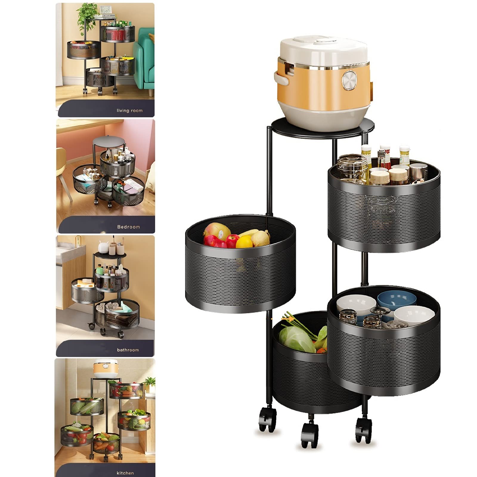 Rotating Kitchen Storage Rack - 4-Tier Black Spinning Organizer for Fruits, Vegetables & Household Items | Space-Saving Solution for Kitchen, Pantry & Bathroom | Perfect for Small Spaces & Clutter-Free Organization