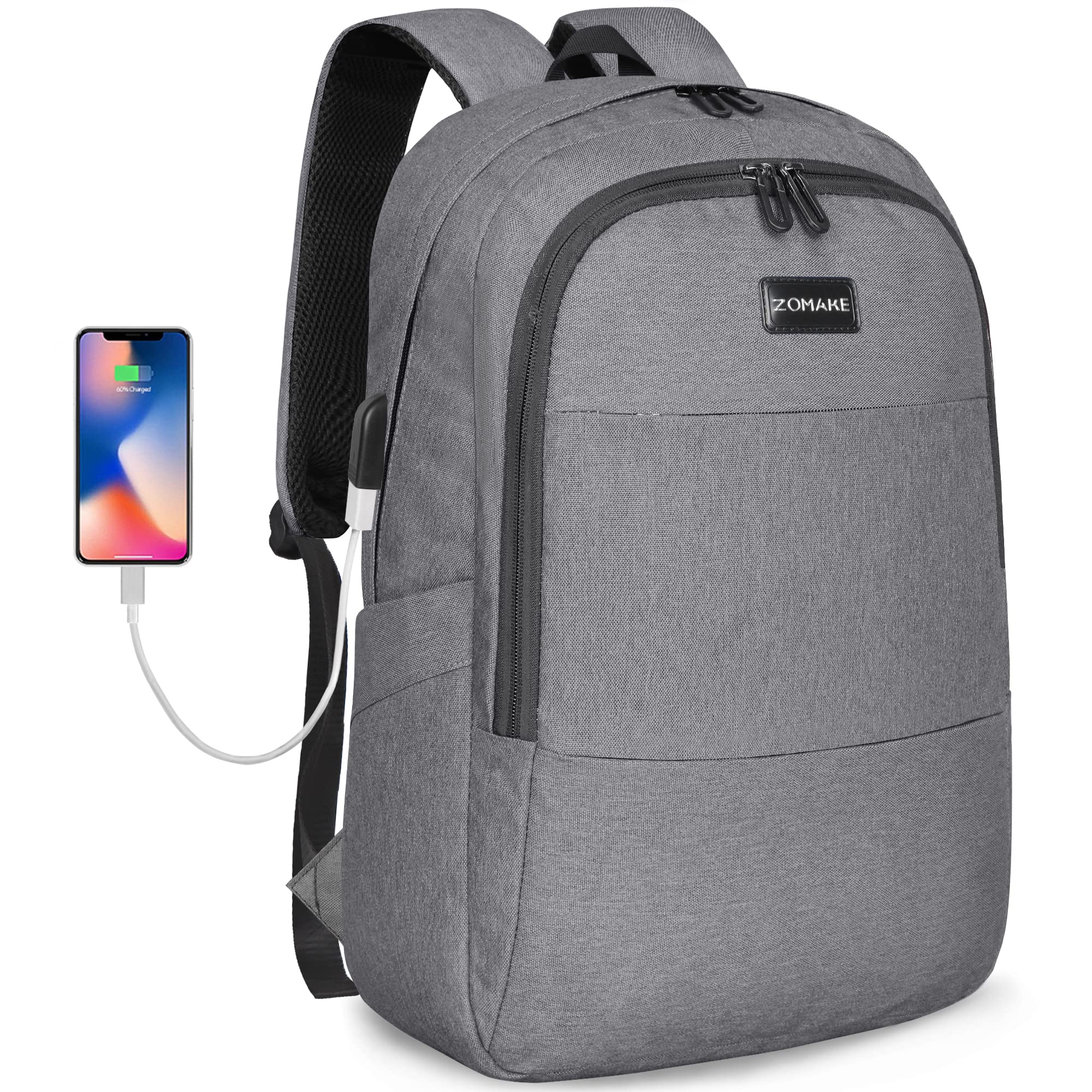 ZOMAKE Anti-Theft Water Resistant Travel Laptop Backpack for Women & Men - USB Charging Port Business Work Bag Fits 15.6 Inch Laptop (15.6 IN, A-Grey) - Perfect for Commuting, Travel & Office Use