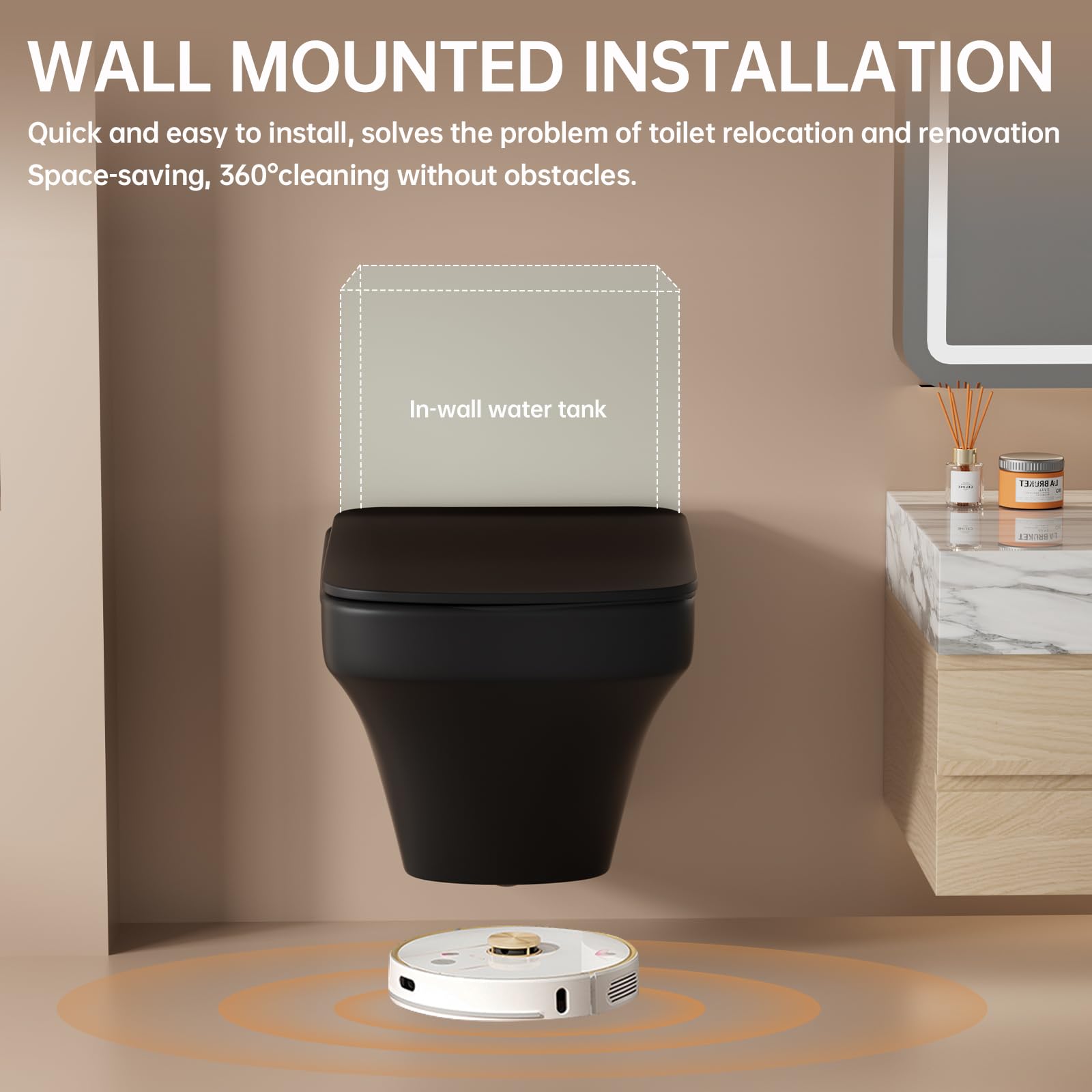 SUPERFLO Modern Square Wall Mounted Toilet Bowl with Soft Closing Seat - One Piece Black Wall Hung Toilet for Bathroom, Rear Outlet Design (Tank & Bracket Not Included) | Perfect for Contemporary Homes, Luxury Apartments & Space-Saving Bathroom Renovations