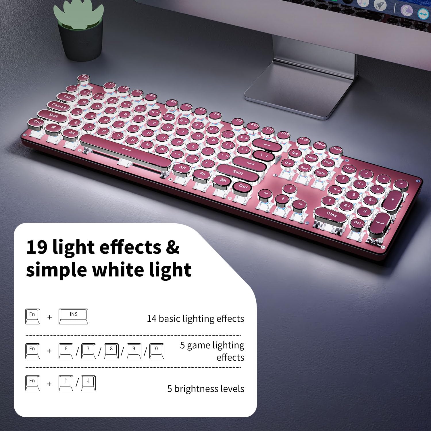EWEADN TK950 Wireless Mechanical Keyboard - 104 Keys Typewriter Style with White Backlit, Blue Switch, Anti-Ghosting (Bluetooth/2.4GHz/USB-C) - Pink Cute Keyboard for Office, Gaming & Creative Writing