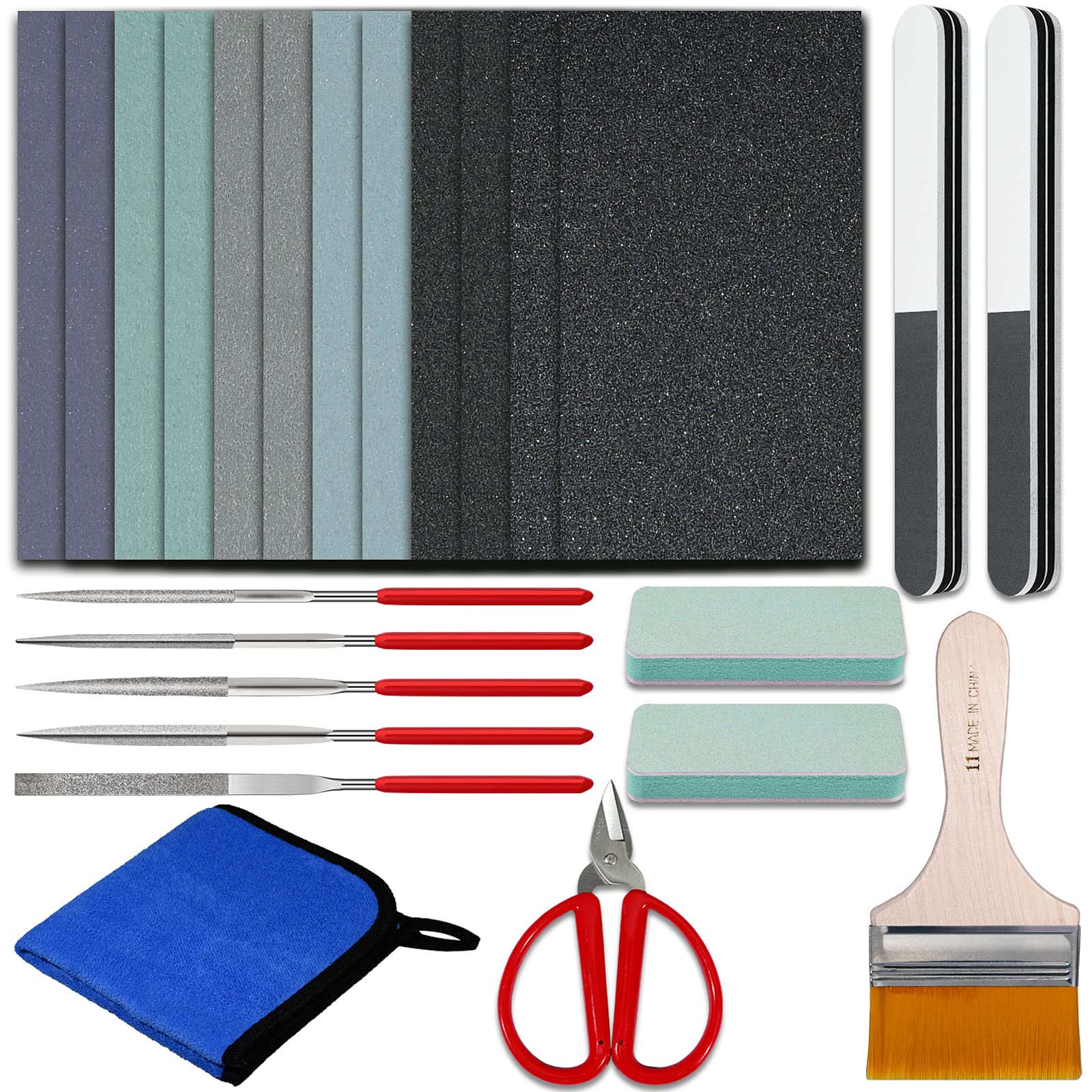 Sakolla 24-Piece Resin Polishing Kit - Complete Epoxy Resin Casting Tools Set with Sandpaper, Polishing Strips, Files, Scissors, Wooden Brush & Cloth for Jewelry Making, DIY Crafts & Resin Art Projects - Perfect for Beginners & Professionals