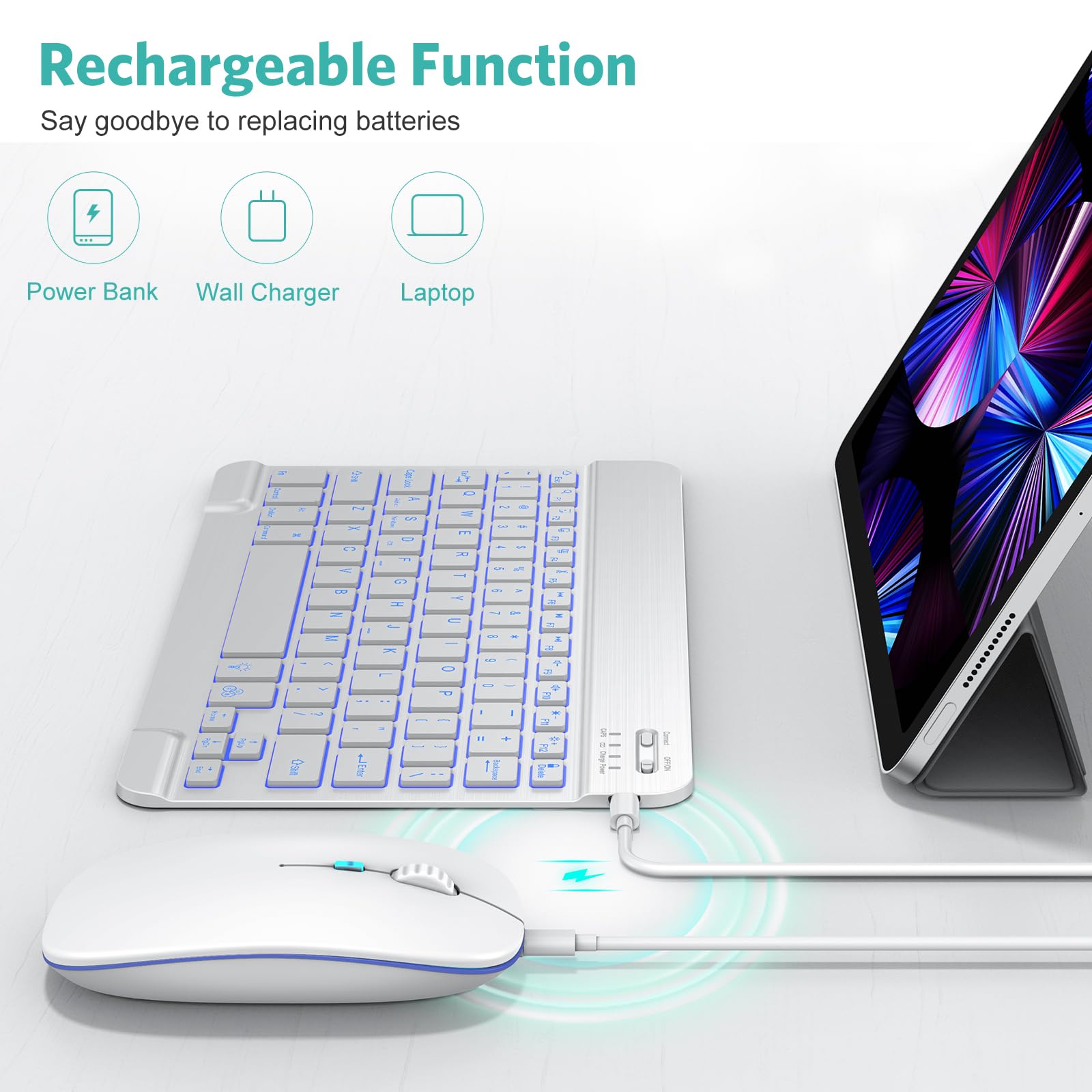 TECURS Wireless Bluetooth Keyboard and Mouse Combo - 7-Color Backlit Rechargeable for iPad 10th/9th/8th Gen, iPad Pro/Air/Mini (iPadOS 13+) - White Grey - Perfect for Home Office, Remote Work & iPad Productivity