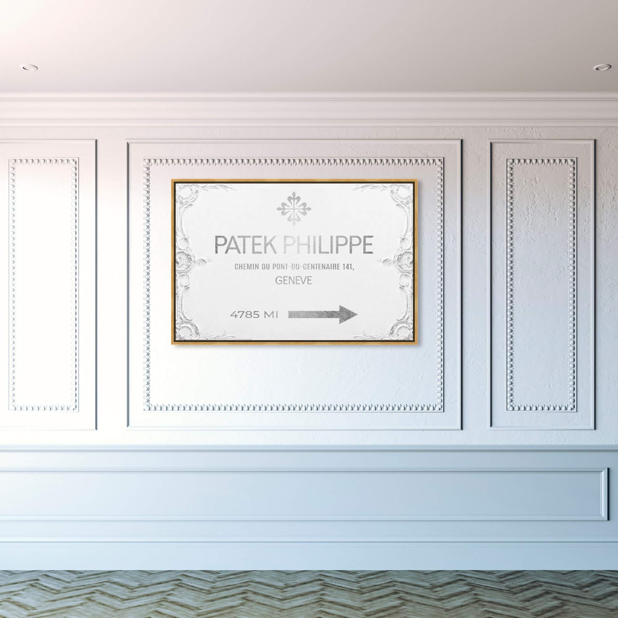 Oliver Gal Artist Co. Fashion & Glam Wall Art Framed Canvas Print - Geneva Watches Road Signs Home Decor, 45x30 Inches, Gray & White - Perfect for Living Room, Bedroom or Office Wall Decor