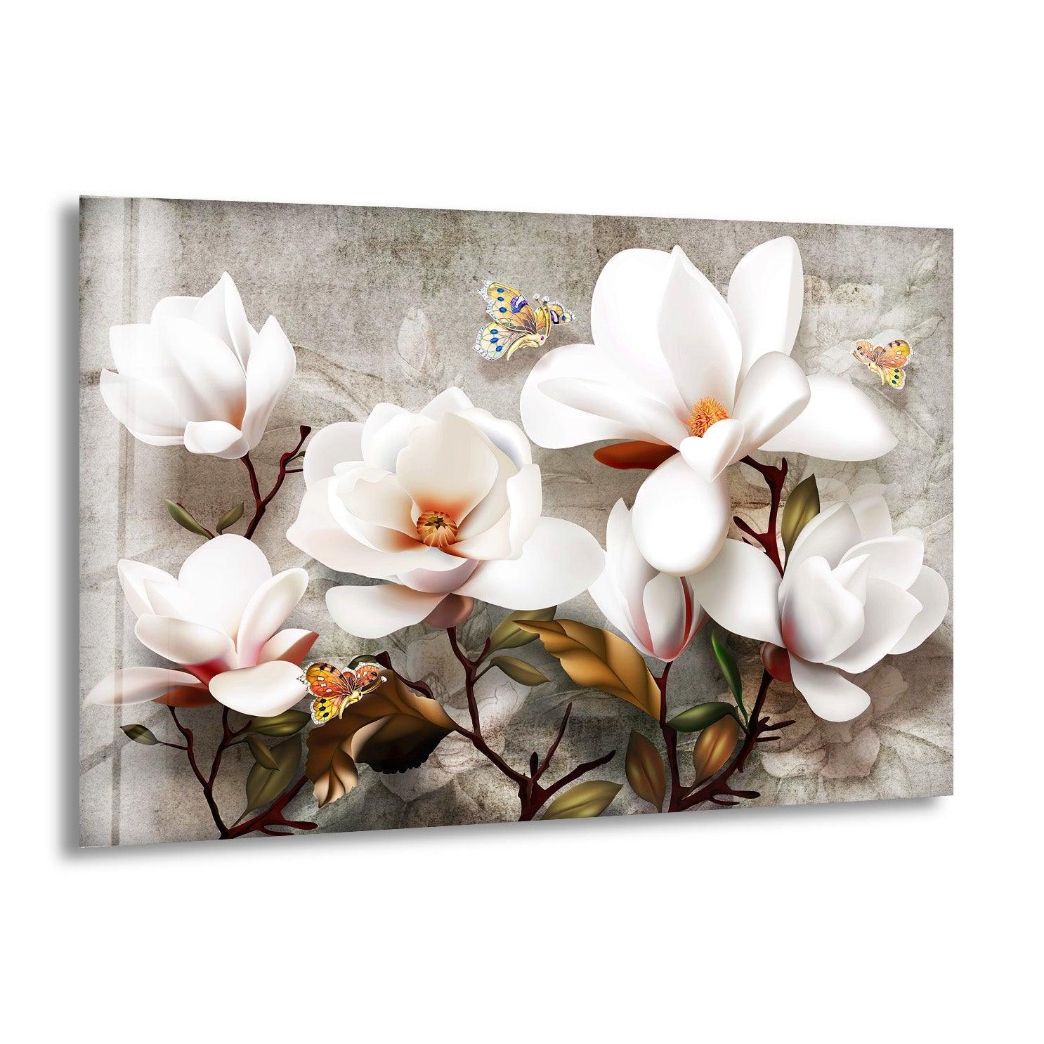 3D White Magnolia Glass Wall Art - Elegant Floral Home Decor for Living Room, Bedroom & Office - Perfect Gift Idea for Housewarming & Wedding