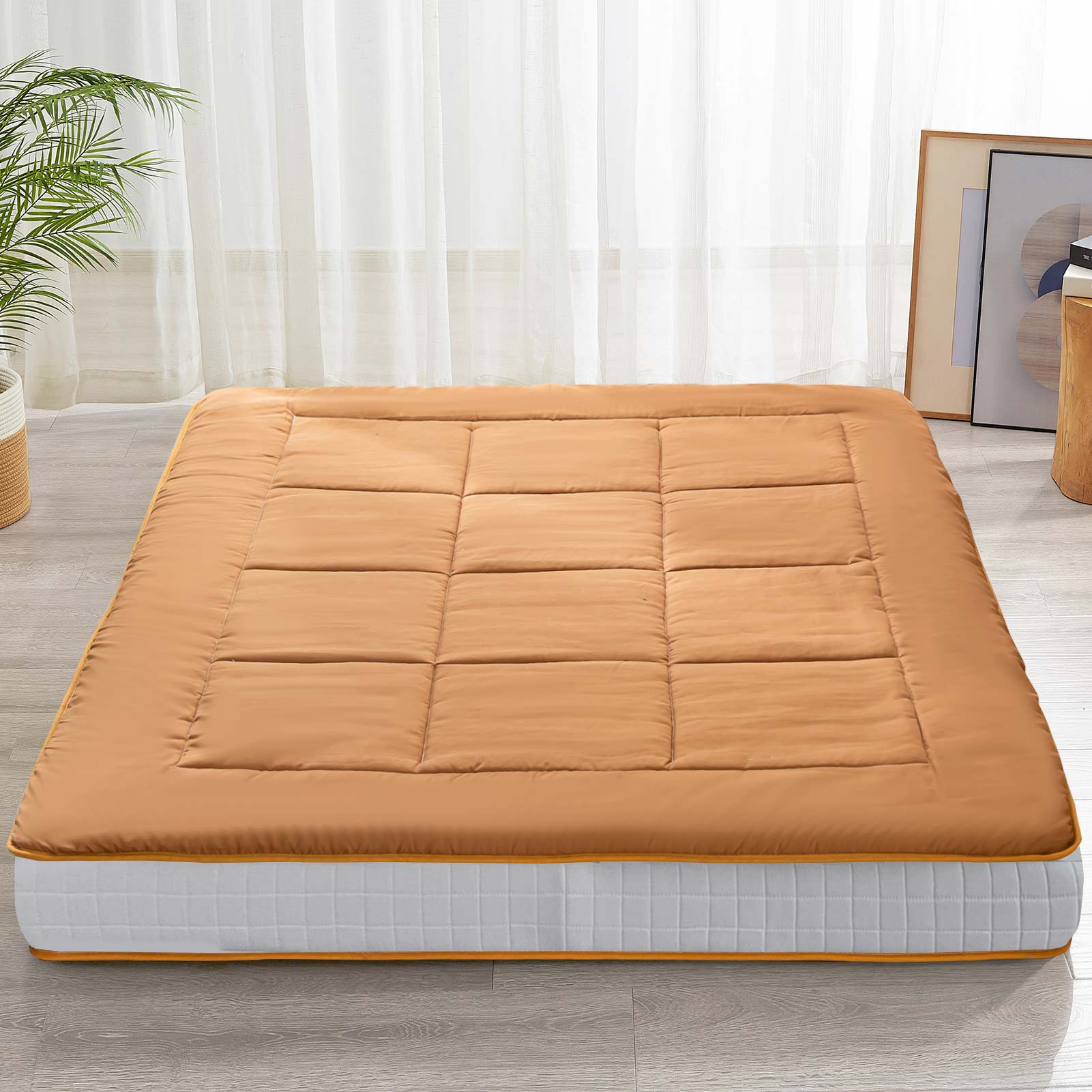 MAXYOYO 6-Inch Extra Thick Floor Futon Mattress - Light Brown | Foldable Guest Bed & Floor Cushion for Small Spaces, Dorm Rooms & Camping