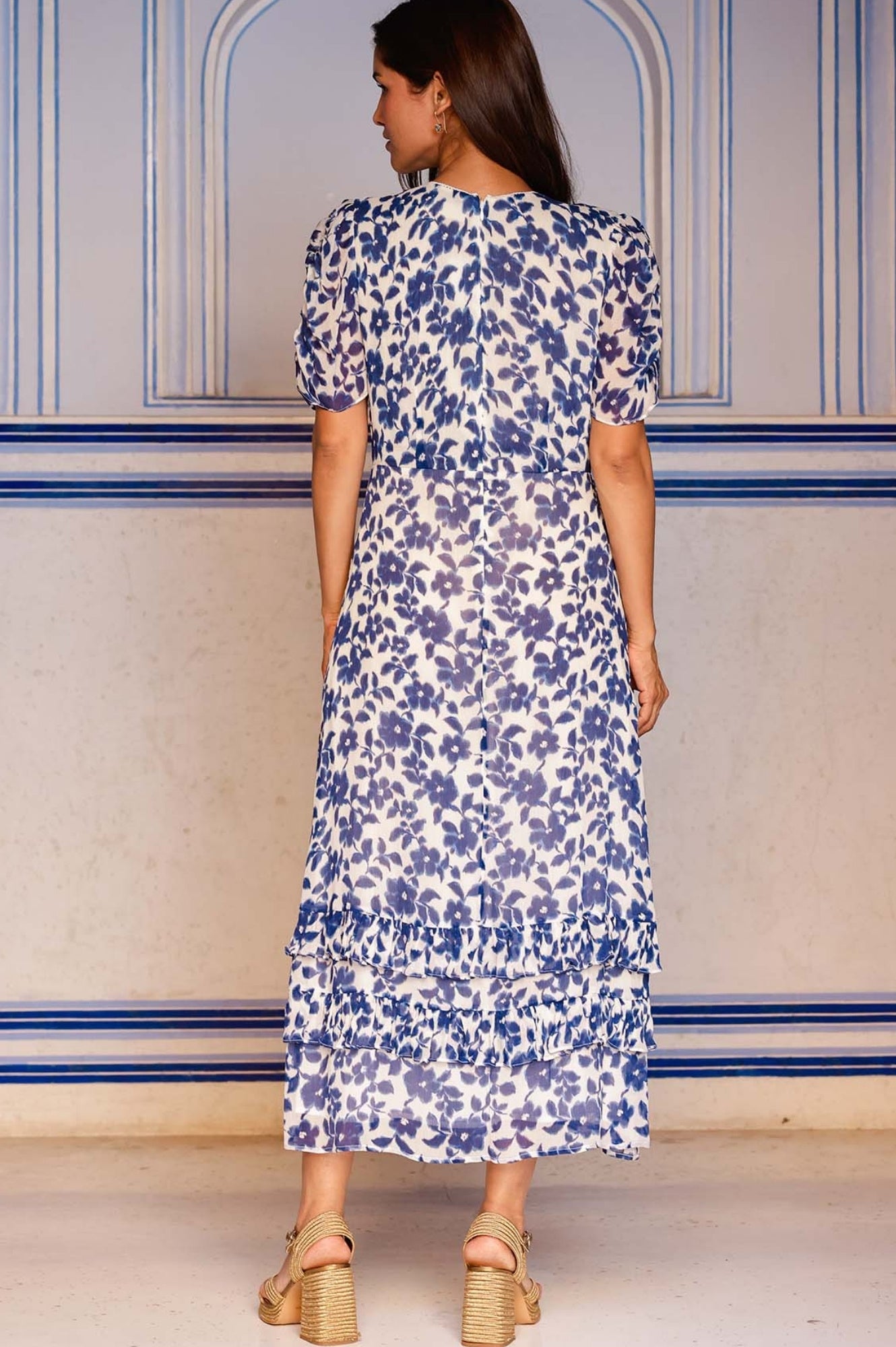 Ellery Floral Print Dress for Women - Blossom Cream & Navy Blue - Perfect for Spring Weddings, Garden Parties & Summer Outings
