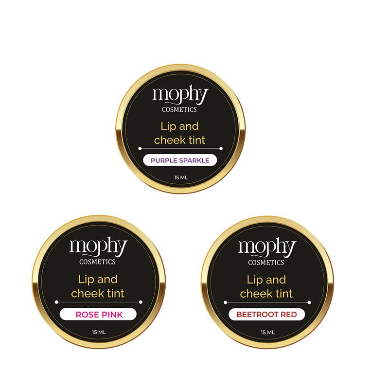 Mophy Lip & Cheek Tint Set - 3 Colors (Beetroot Red, Rose Pink, Purple Sparkle) | Natural Blush for Day & Night