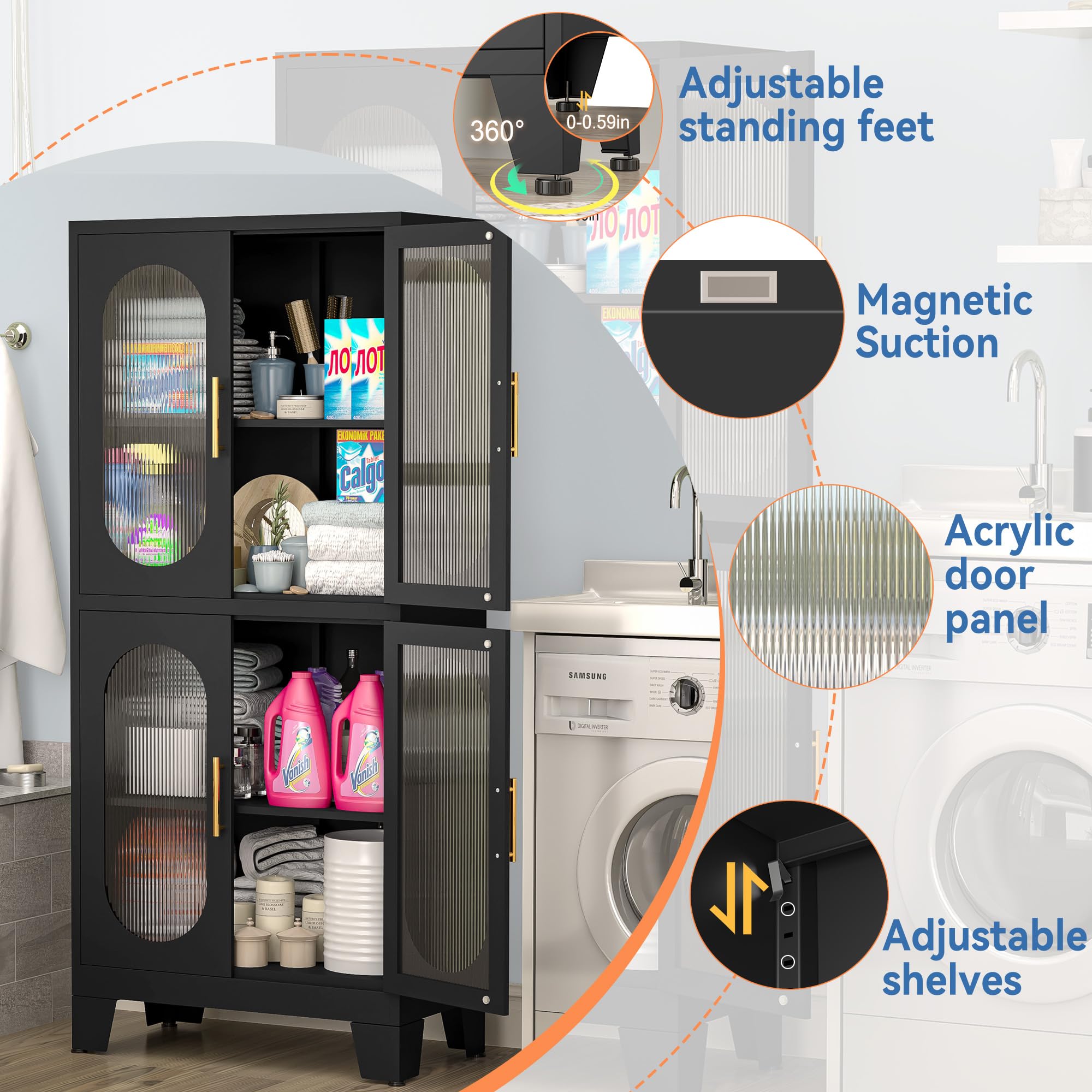 Black Kitchen Pantry Cabinet with Acrylic Glass Doors & Adjustable Shelves - Versatile Storage Organizer for Kitchen, Dining Room, Home Office, Bedroom - Perfect for Small Space Organization & Home Decor