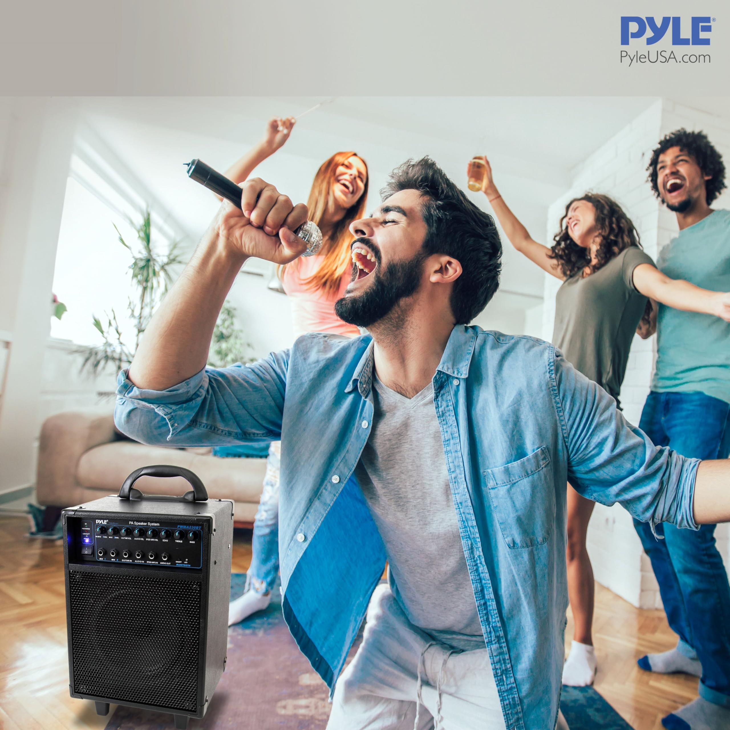 Pyle Wireless Portable PA System - 400W Bluetooth Speaker with Rechargeable Battery, Microphone Set, Wheels & Handle - 1/4
