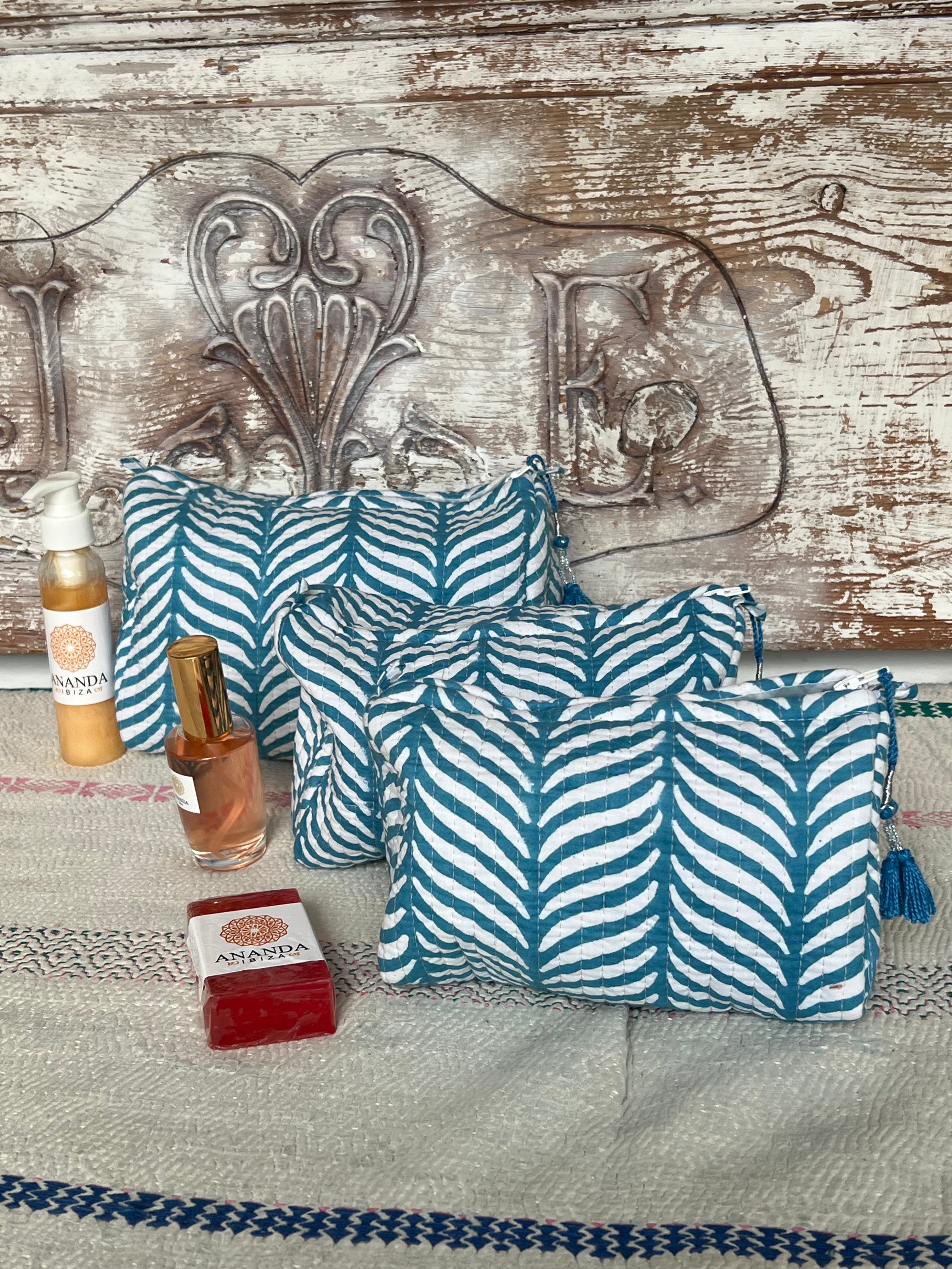 Organic Cotton Cosmetic & Makeup Bags - Handmade Block Printed Toiletry Pouches (3 Sizes) - Perfect for Travel, Gym & Daily Beauty Organization
