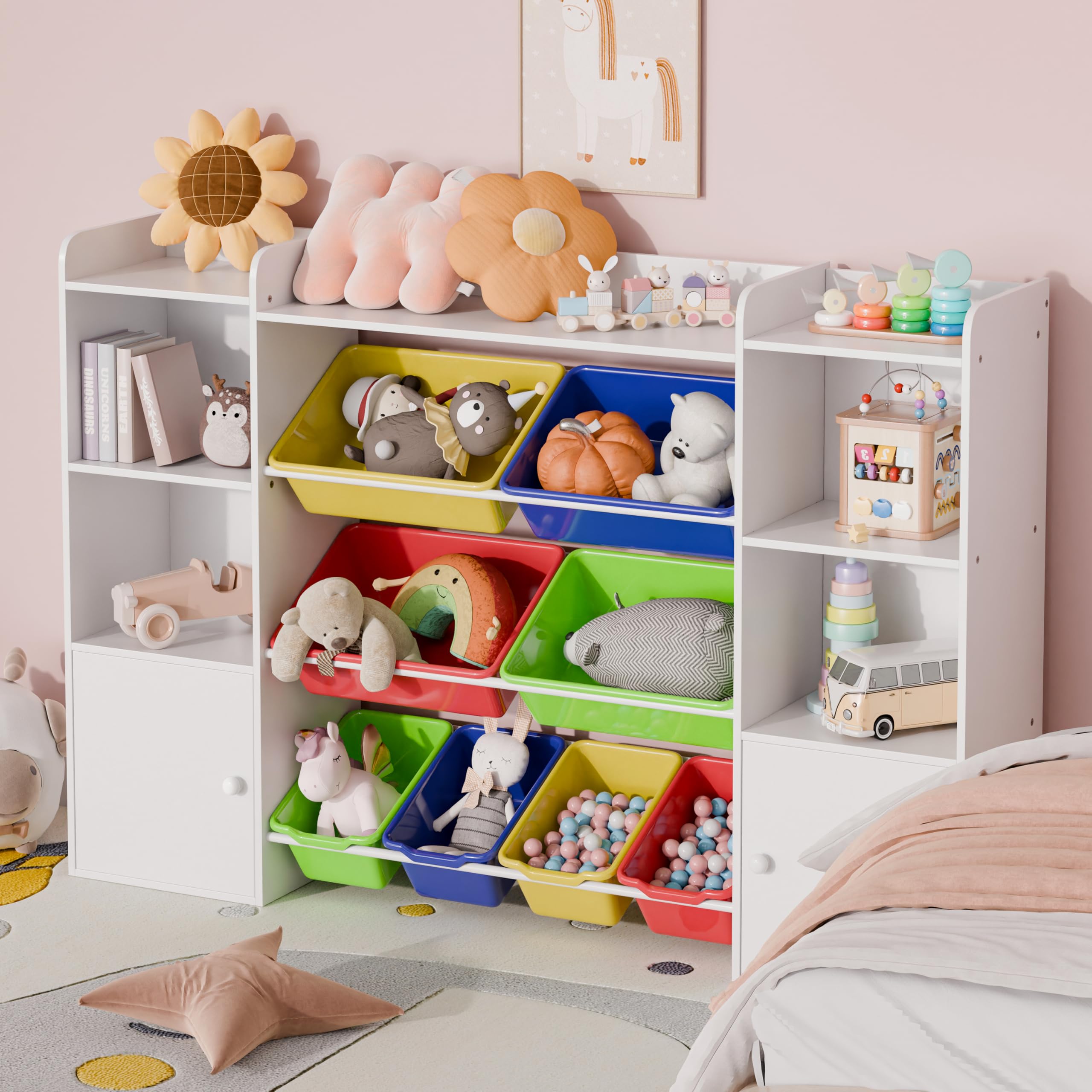 Xilingol 8-Bin Kids Toy Storage Organizer with Removable Bins, 4-Tier Bookshelf & 6-Cubby Toy Organizer for Playroom, Bedroom, Classroom - Perfect for Organizing Toys, Books & Games in Kids Rooms & Daycare Centers