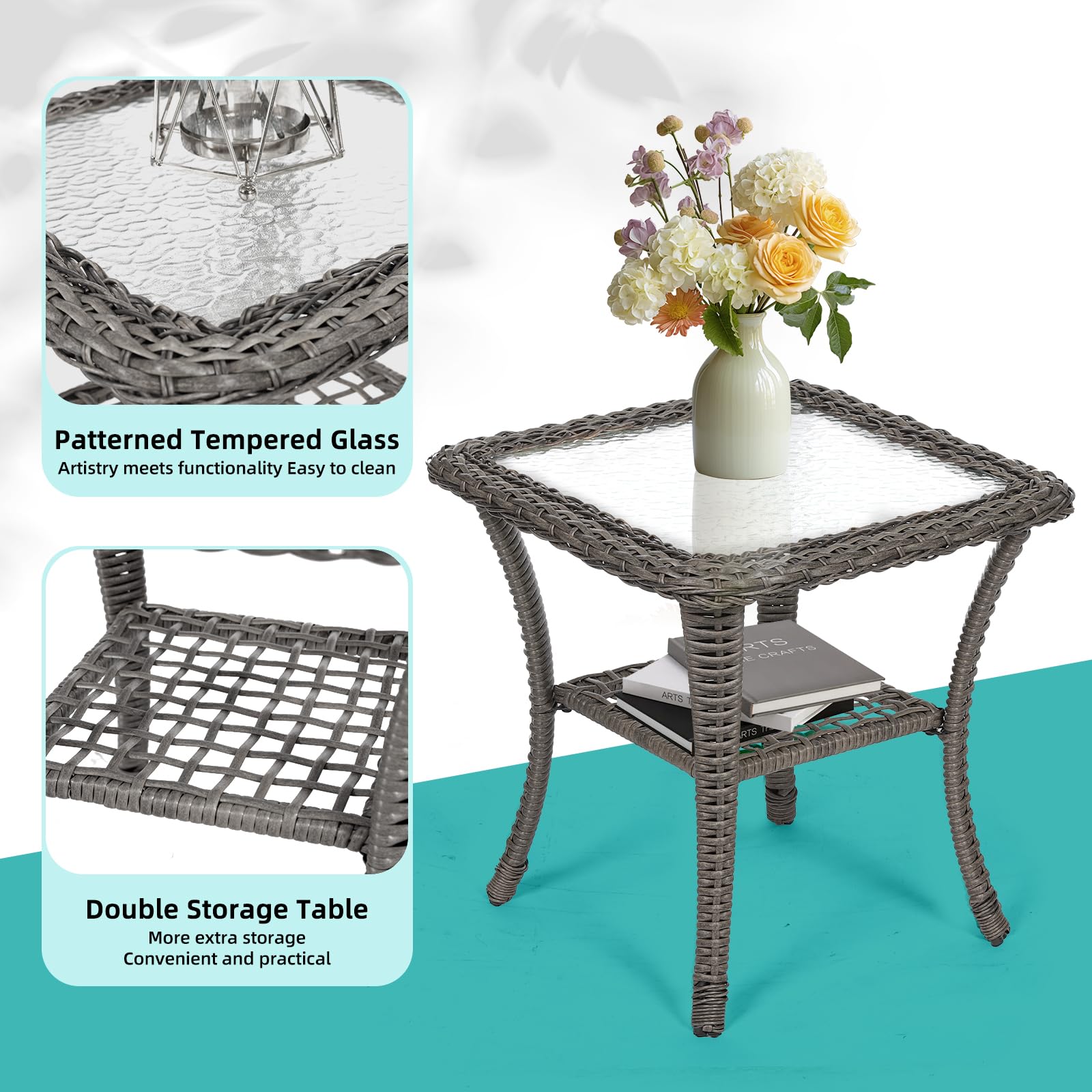 MEETWARM 3-Piece Outdoor Wicker Rocking Chair Set with Cushions & Glass-Top Coffee Table - Gray Rattan Patio Conversation Set for Porch, Backyard, Garden & Poolside Relaxation