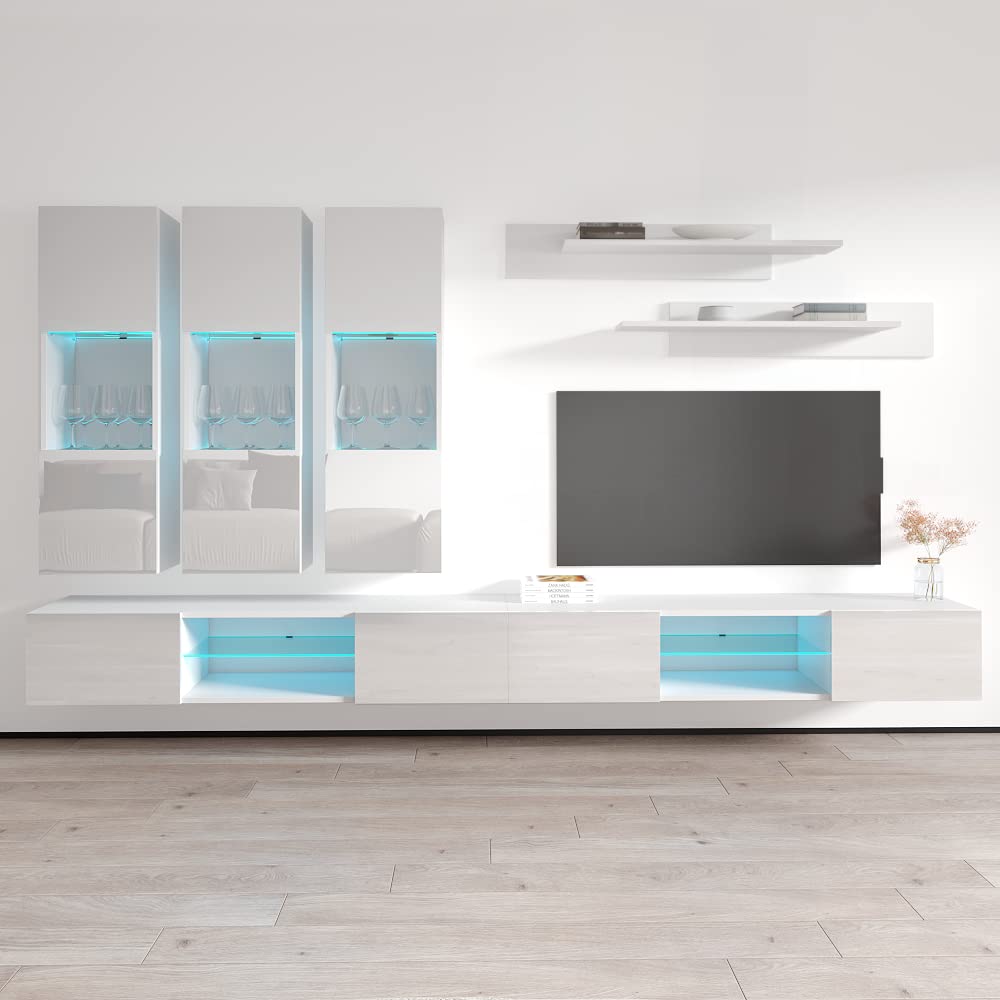 Modern White Wall-Mounted TV Stand with Storage Shelves & LED Lights - 33