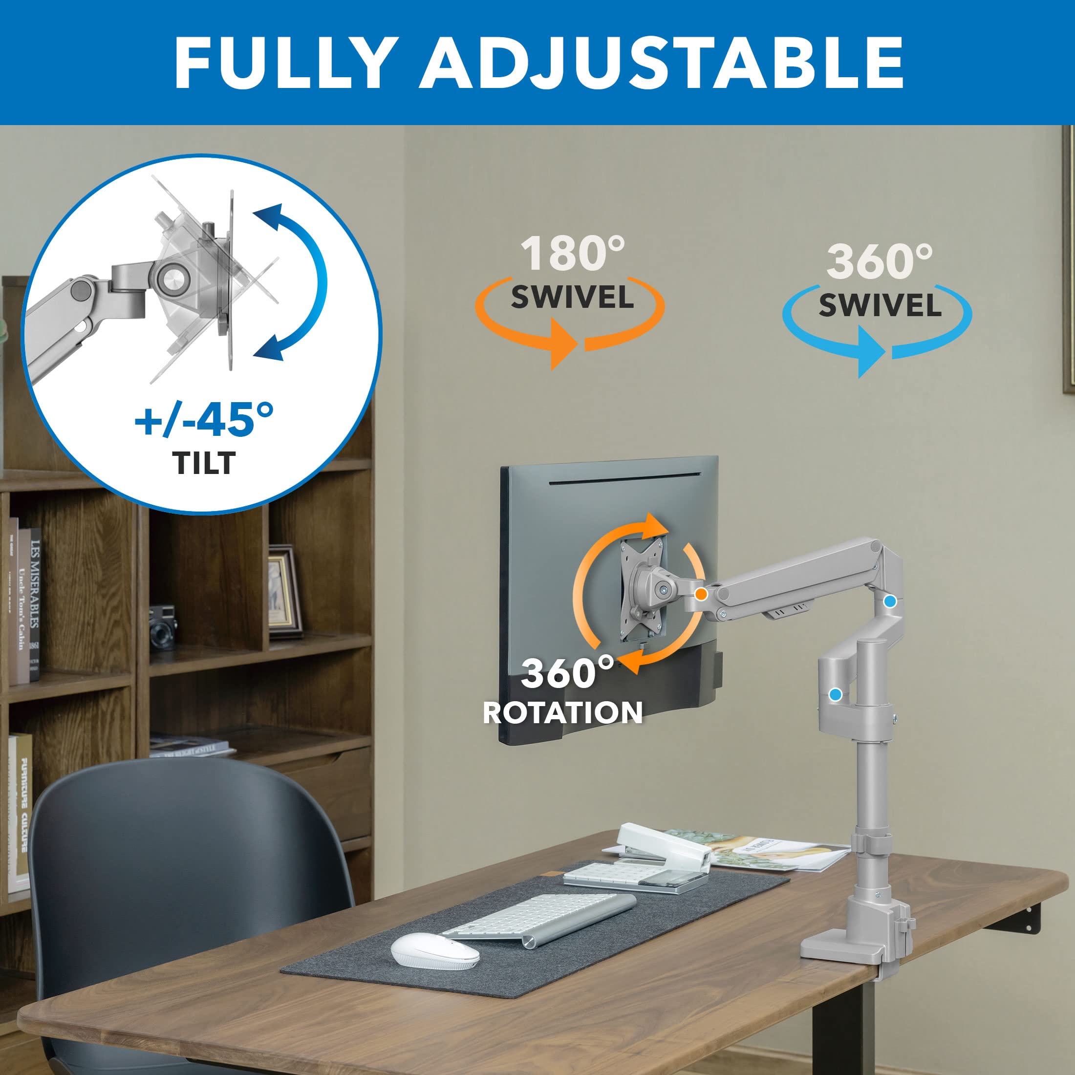 Mount-It! Premium Adjustable Single Monitor Desk Mount - Gas Spring Monitor Arm with Pole Mount | Silver Computer Display Riser for Home & Office Workstations | Ergonomic Height Adjustment for Comfortable Viewing