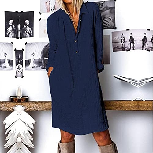 Women's Knee-Length Button-Up Shirt Dress with Long Sleeves, V-Neck & Lapel Collar | Cotton Linen Blend Midi Dress with Pockets | Perfect for Office, Date Night & Casual Outings