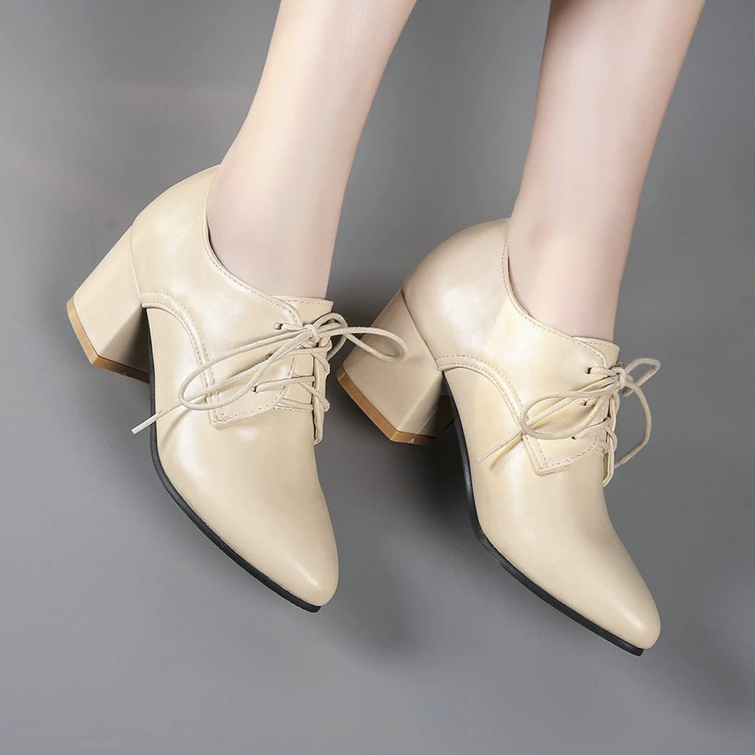 Stylish Women's High Heel Oxford Shoes - Chunky Block Heels, Pointed Toe & Lace Up Design for Office, Party & Formal Events | Comfortable Dress Pumps for Work, Dating & Special Occasions