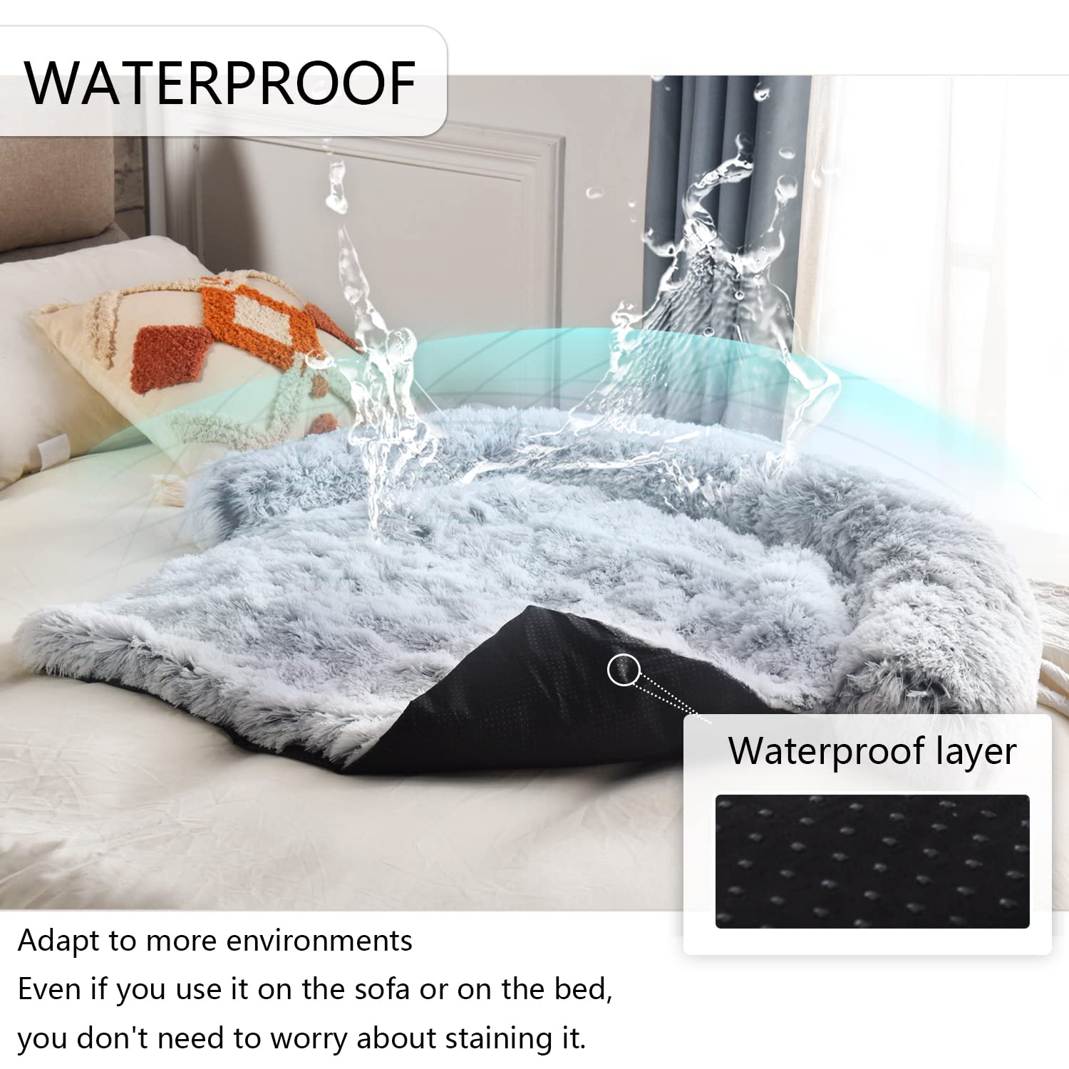 Waterproof Calming Dog Bed - Plush Pet Couch Protector & Sofa Mat with Soft Neck Bolster - Machine Washable Gradient Brown Small - Perfect for Anxiety Relief, Crate Training & Living Room Furniture Protection