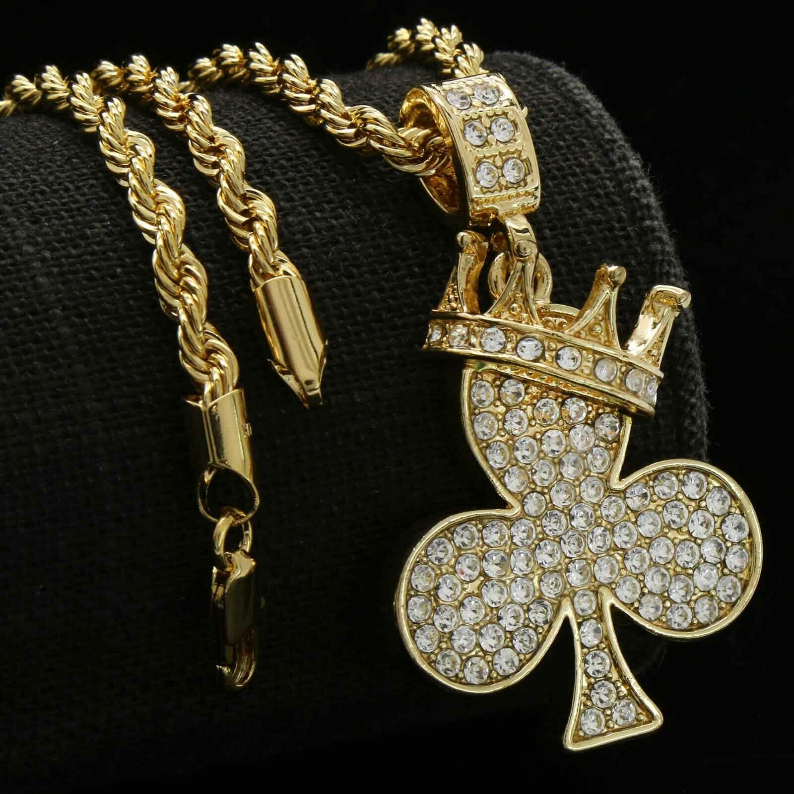 24K Gold Plated Iced King Crown Clover Pendant with 4mm 24