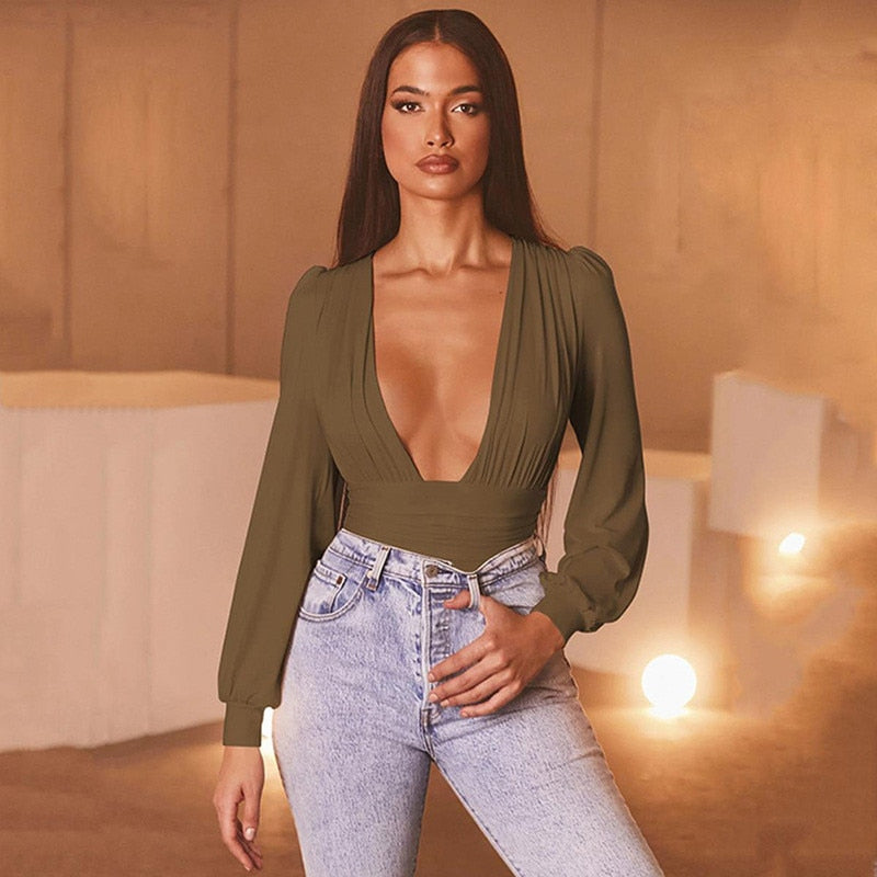 Women's Sexy V-Neck High Waist Bodysuit - Long Sleeve Solid Bodycon Jumpsuit for Autumn/Winter | Clubwear, Date Night Outfits & Casual Fashion