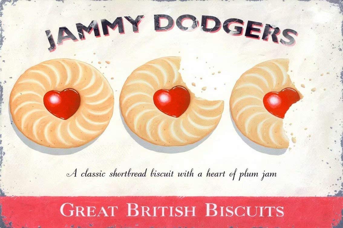 Vintage Retro Metal Wall Sign 8x12 Inches - Jammy Dodgers Tin Plaque for Home Bar, Kitchen, Cafe & Man Cave Decor - JSBZ-0127