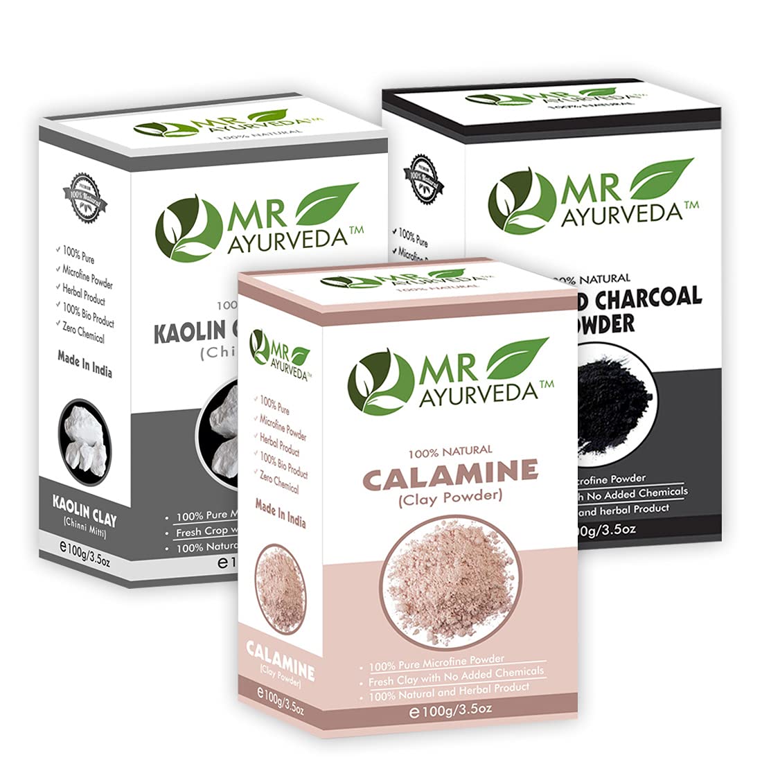 MR Ayurveda 3-in-1 Skin Care Powder Set - 100g Calamine Clay, Kaolin Clay & Activated Charcoal for Acne Treatment, Detox & Pore Cleansing | Perfect for Face Masks, Body Scrubs & DIY Beauty Recipes