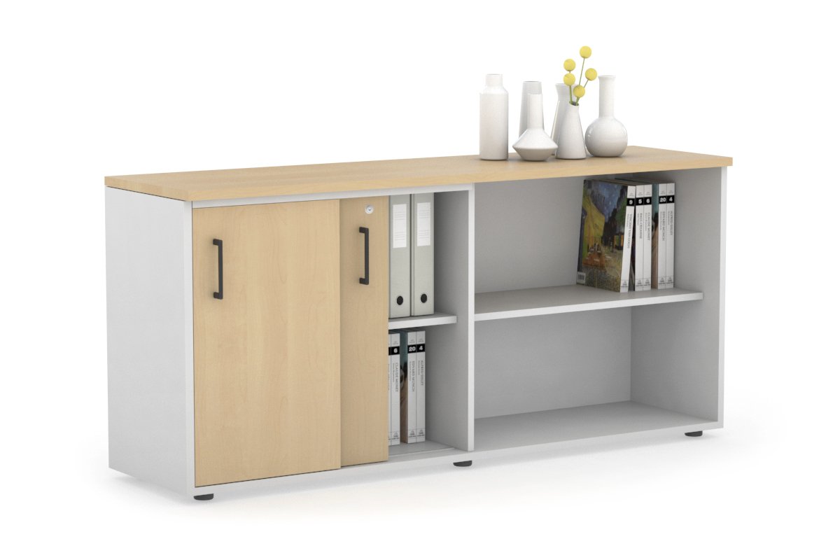 Modern 2-Door Sliding Credenza with Open Storage - Stylish TV Stand, Entryway Cabinet & Living Room Organizer for Home & Office