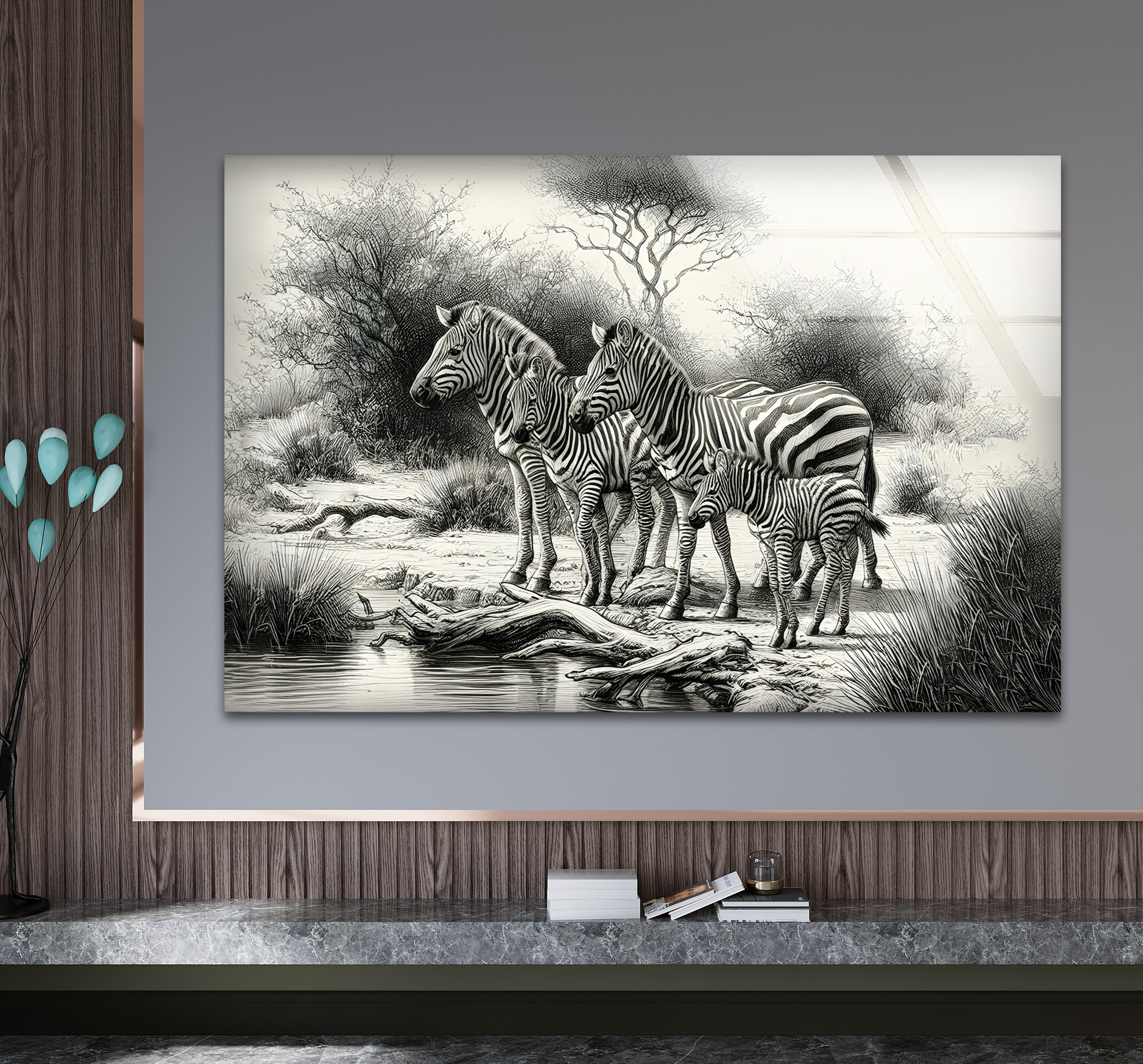 Black and White Zebra Family Glass Wall Art - Modern Home Decor for Living Room, Bedroom & Office - Unique Animal Print Wall Art for Safari & Wildlife Theme Decor