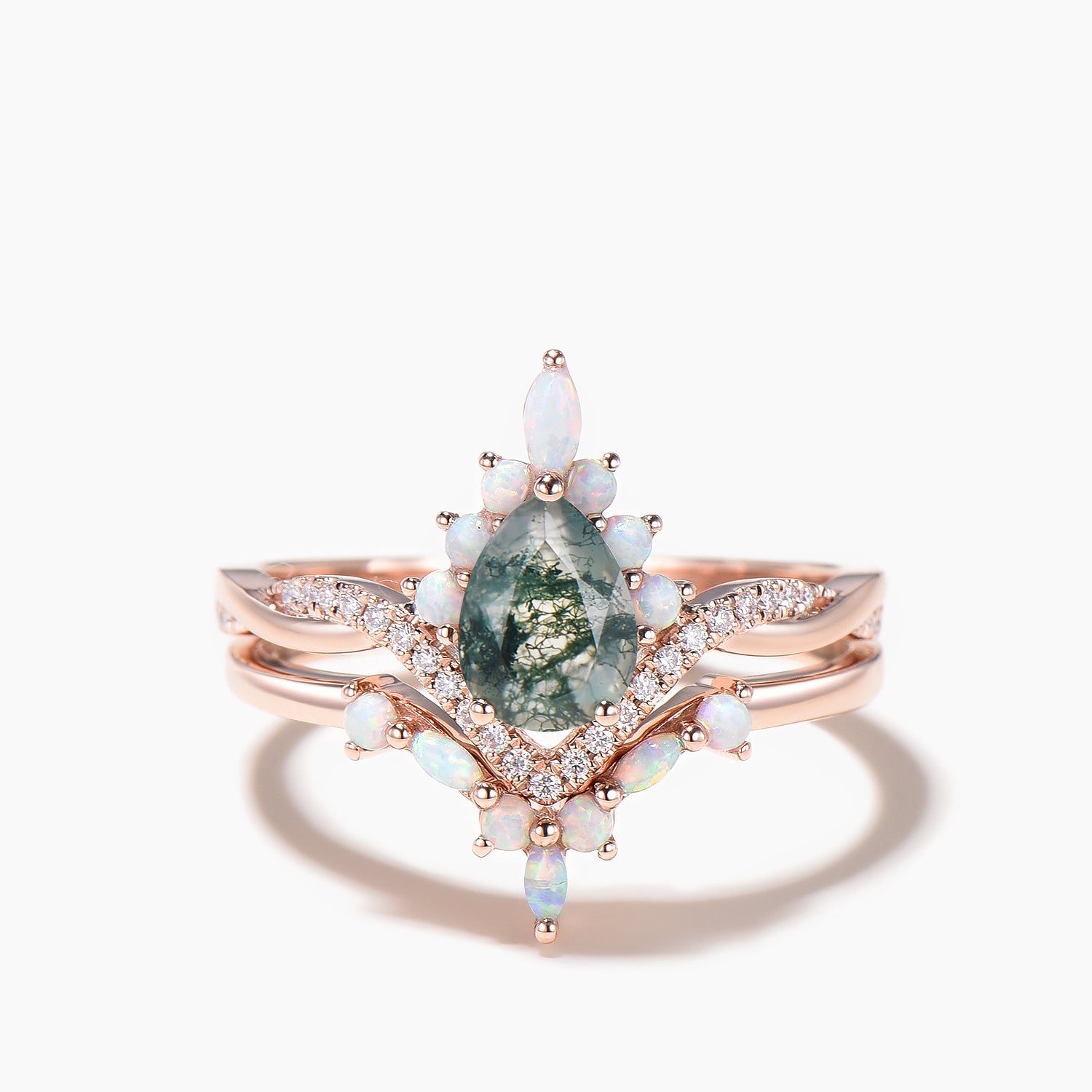 Natural Moss Agate Engagement Ring with White Opal & Diamond Accents - Twisted Vintage Bridal Ring Set for Women, Wedding, Proposal & Anniversary Gift