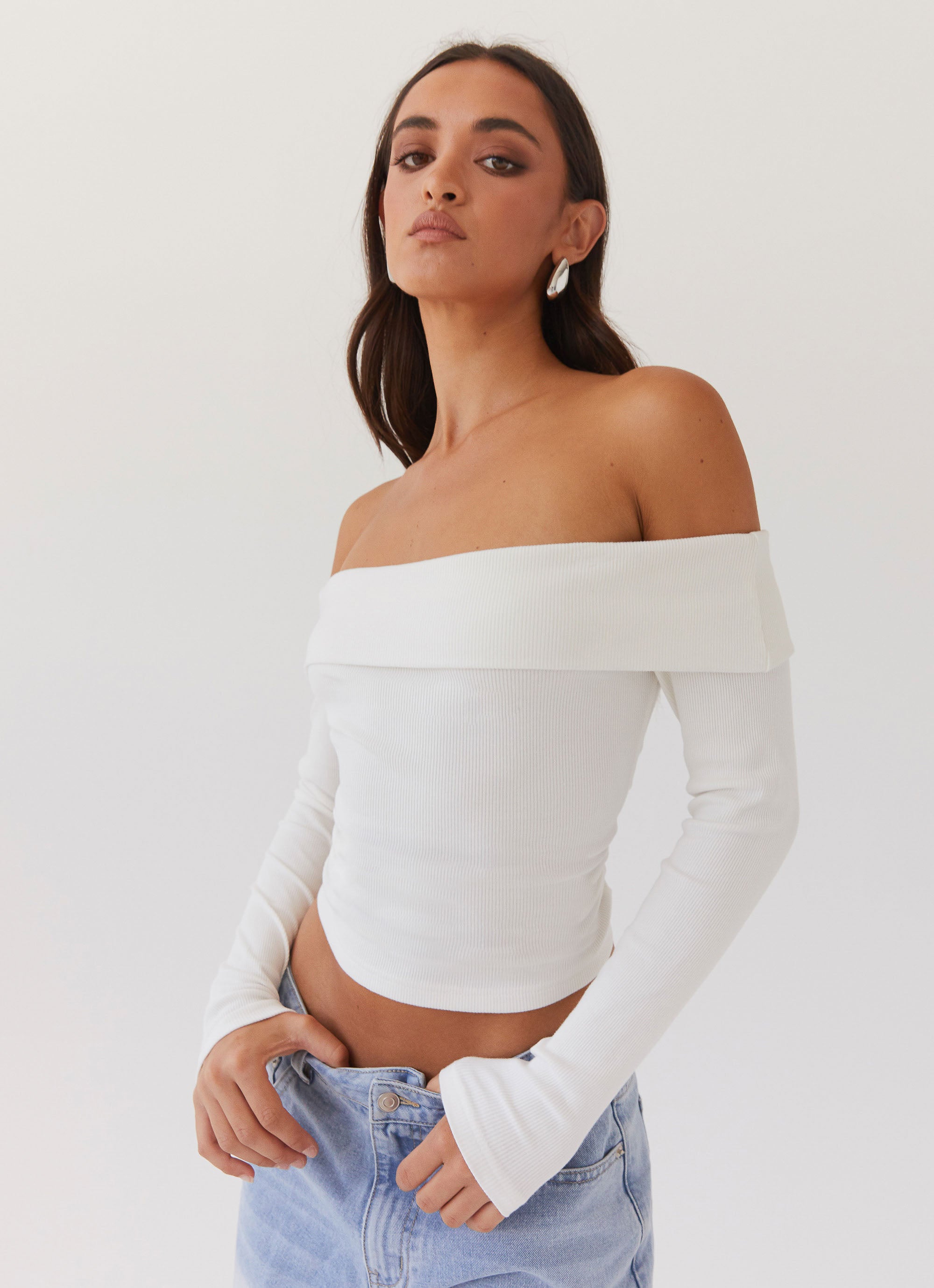 Hayley Long Sleeve Ribbed T-Shirt for Women - Soft Stretch White Basic Top for Layering, Casual Wear & Everyday Outfits