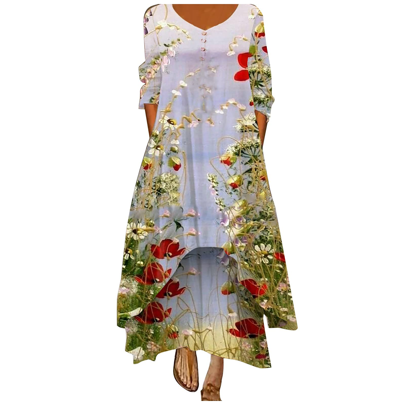 SERYU Women's Long Sleeve Floral Print O-Neck Loose Maxi Dress with Irregular Hem - Perfect for Casual Outings, Beach Vacations and Boho Style Fashion