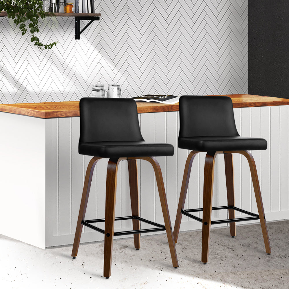 2 Pack Swivel Bar Stools with Leather Padded Seat and Wooden Base - Perfect for Kitchen Island, Home Bar, and Dining Room Decor