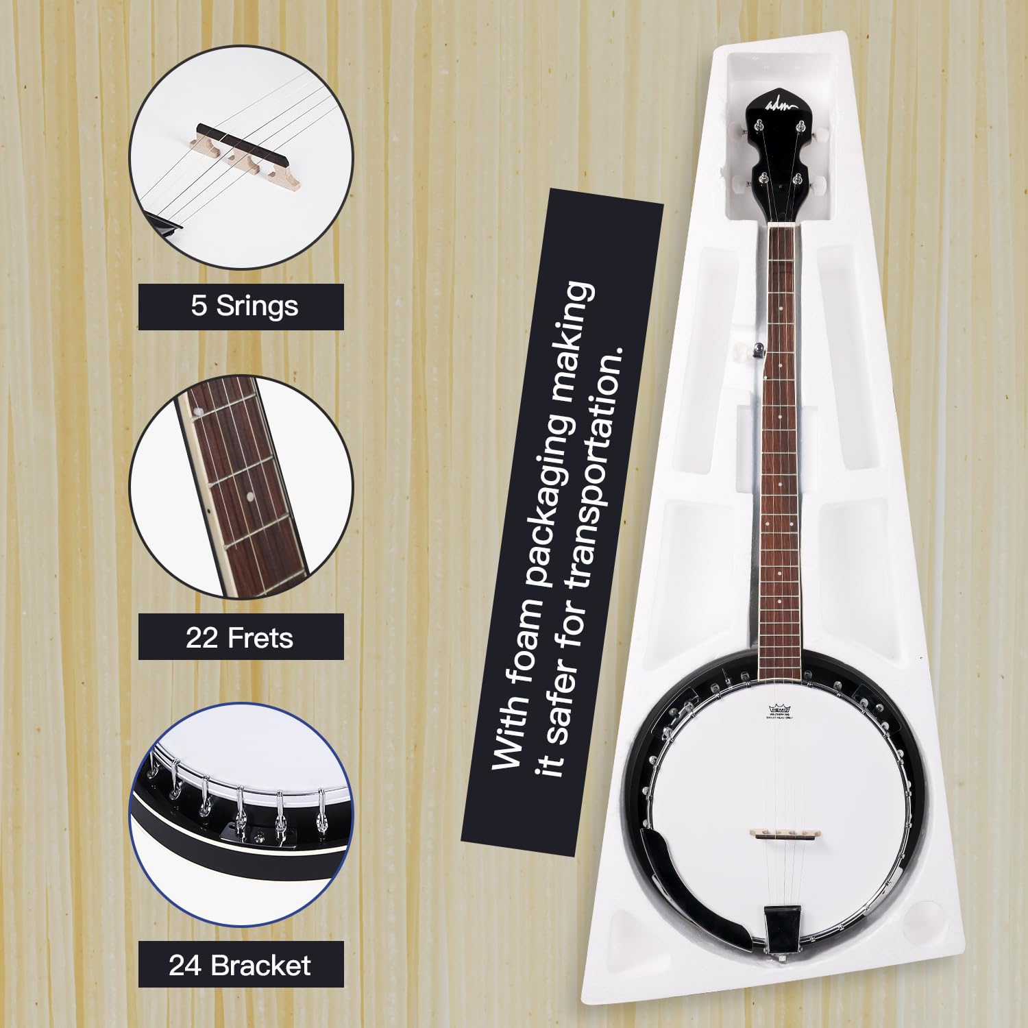 ADM 5-String Full Size Banjo Kit - 38 Inch Beginner Banjo with Resonator, Remo Drum Head (Open/Closed Back) | Free Lessons & Starter Accessories | Ideal for Adults & Teenagers | Perfect for Bluegrass, Folk Music & Beginners | Black