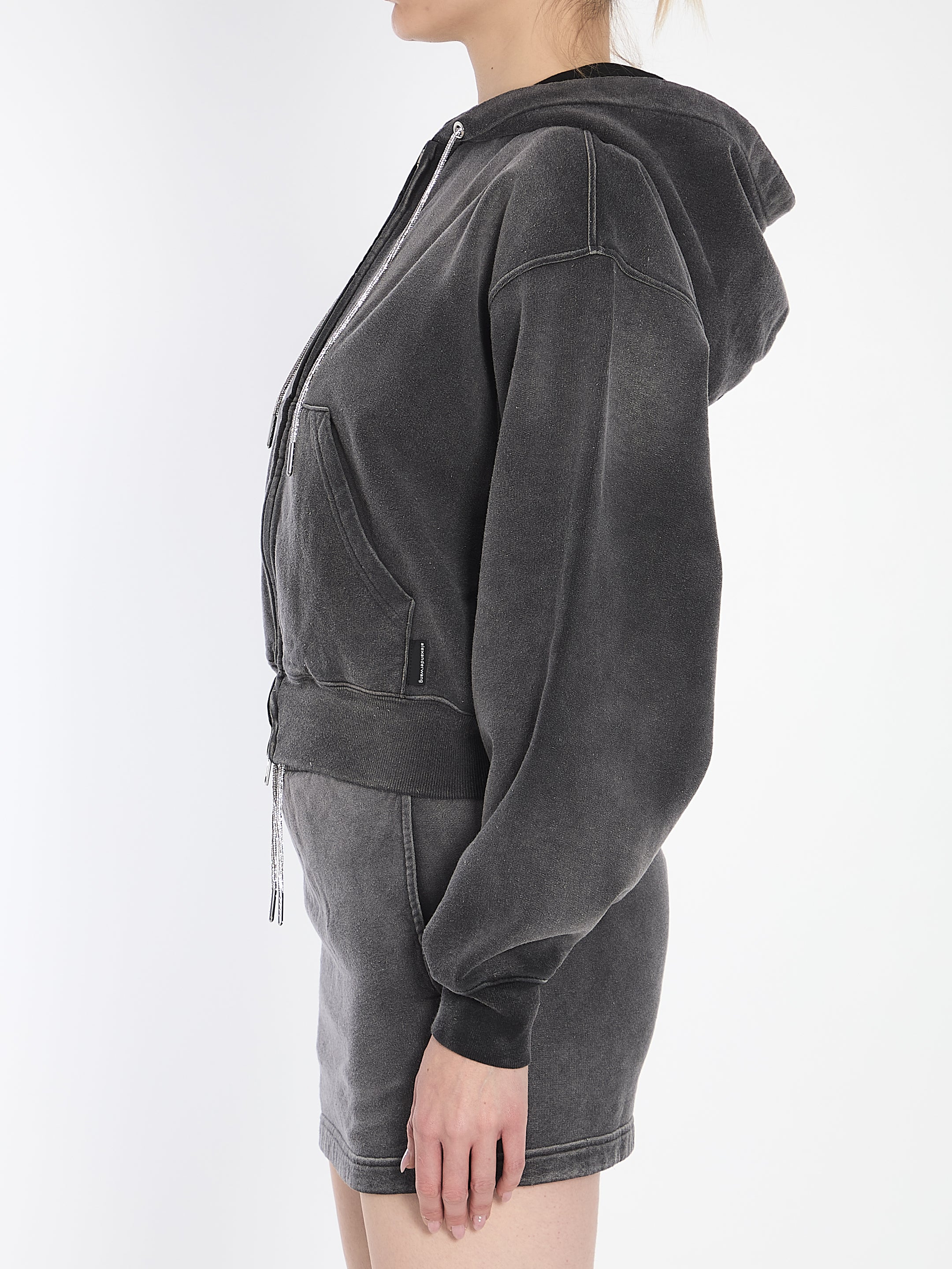 Alexander Wang Cropped Hoodie with Crystals - Women's Luxury Streetwear Sweatshirt for Casual Outfits & Night Out