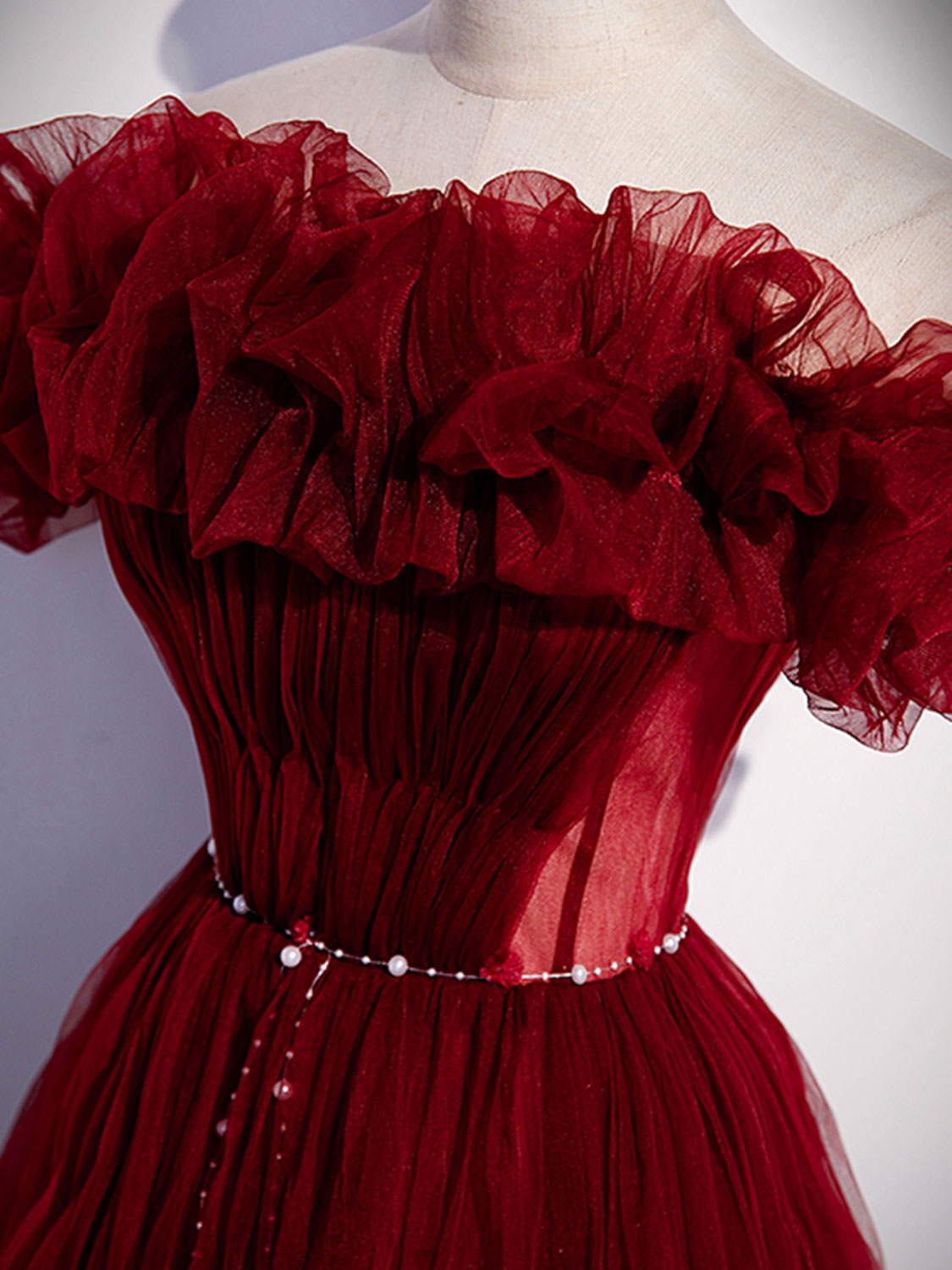 Elegant Burgundy Tulle Off-Shoulder Long Prom Dress | Formal Evening Gown for Homecoming, Wedding, and Special Occasions