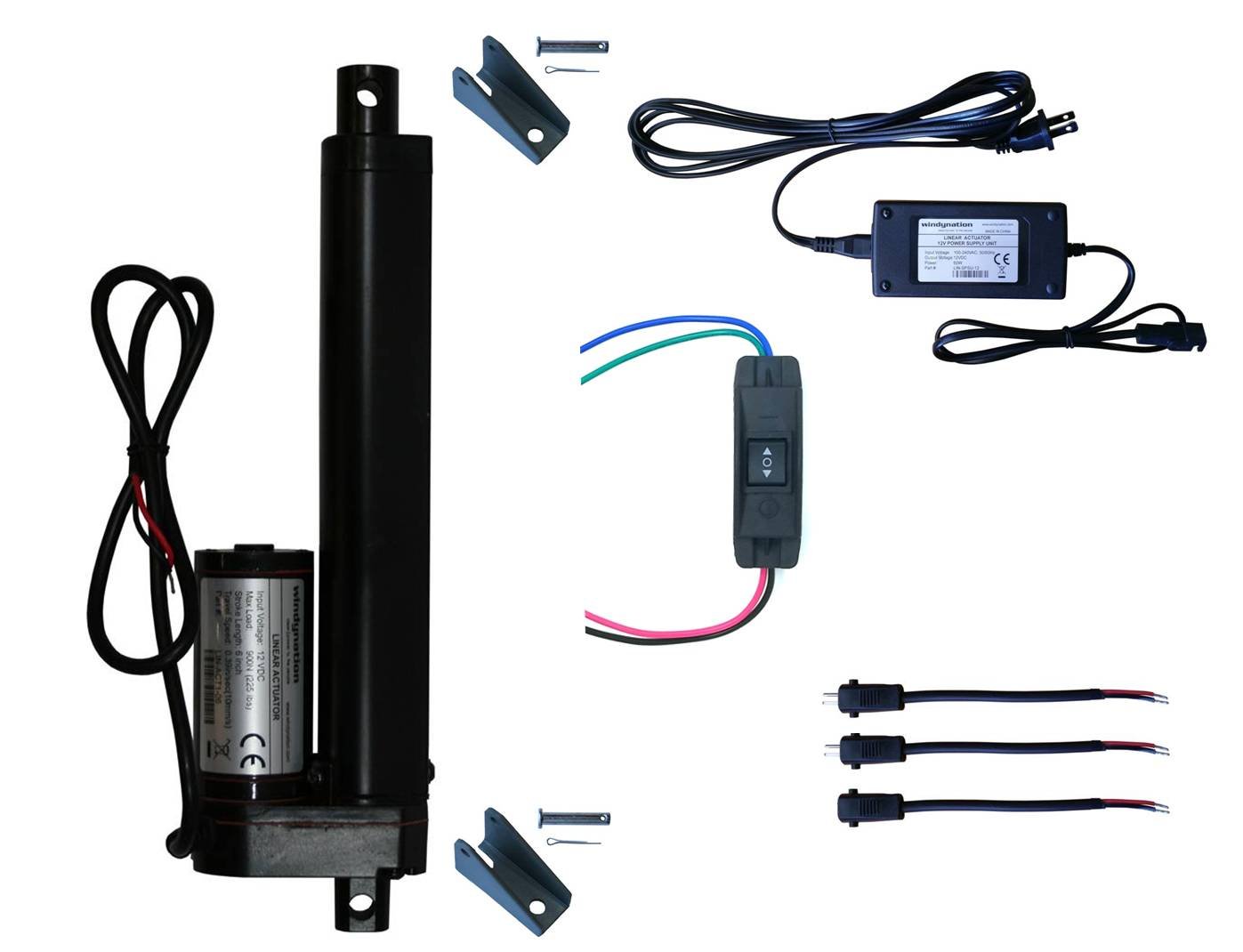 WindyNation 12V Linear Actuator Kit with Power Supply, DPDT Switch & Mounting Brackets - 6 Inch Stroke, Momentary Switch for Home Automation, RV, Marine & Industrial Applications