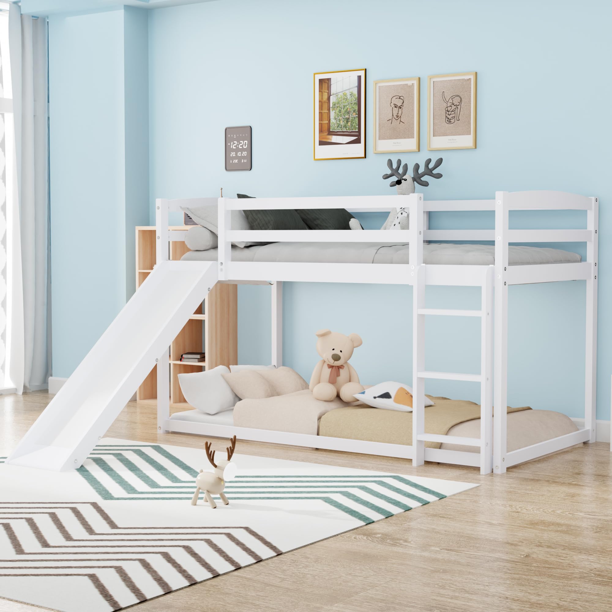 Twin Over Twin Bunk Bed with Convertible Slide & Ladder - Wooden Low Loft Bed for Kids & Teens with Safety Guardrails - Space-Saving Floor Bunk Bed for Boys & Girls - Easy Assembly White - Perfect for Small Bedrooms, Shared Kids' Rooms & Vacation Homes