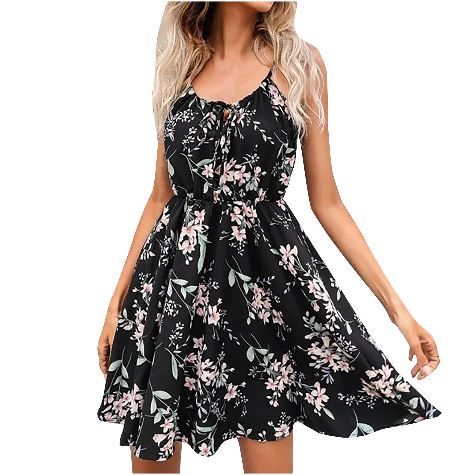 BUIgtTklOP Women's Sexy Sleeveless Backless Mini Dress - Floral Print Summer Skater Dress with Tie Waist | Perfect for Beach Parties, Date Nights & Casual Outings