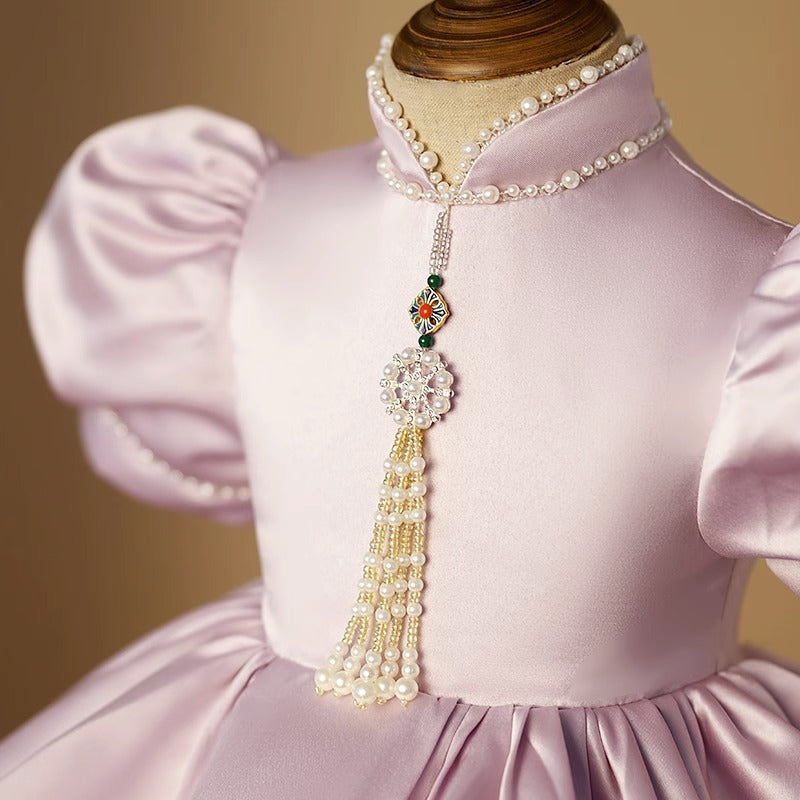 Elegant Baby Girls Lilac Puff Sleeve Pearl Stand Collar Princess Dress - Toddler Flower Girl Party Dress for Birthday, Wedding & Special Occasions