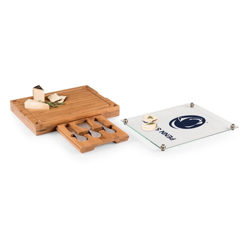 PICNIC TIME NCAA Concerto Glass Top Cheese Board and Knife Set - Bamboo Charcuterie Board with Glass Top Cutting Board - Perfect for Wine Parties, Cheese Tasting & Charcuterie Platters