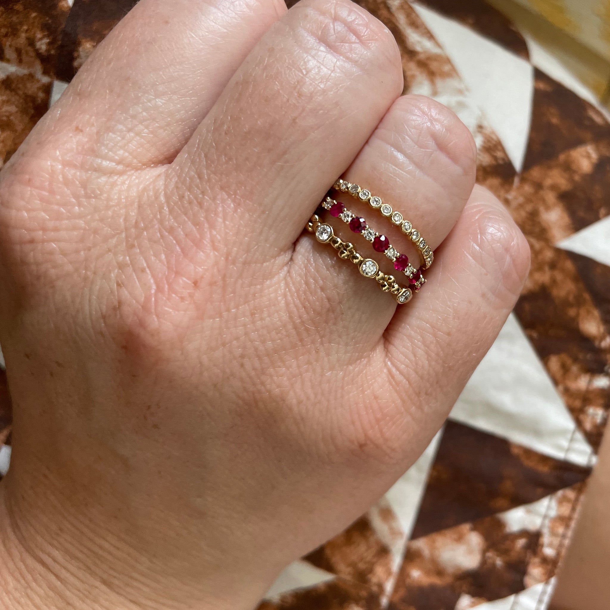 14K Yellow Gold Ruby & Diamond Halfway Band Ring - Elegant Stackable Jewelry for Weddings, Anniversaries & Everyday Wear